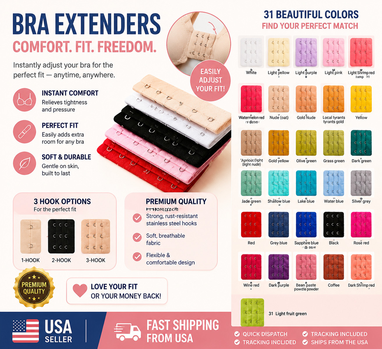HOT! Bra Extender 1/2/3/4/5/6 Hooks w/ or w/o Elastic-Fast Shipping From USA