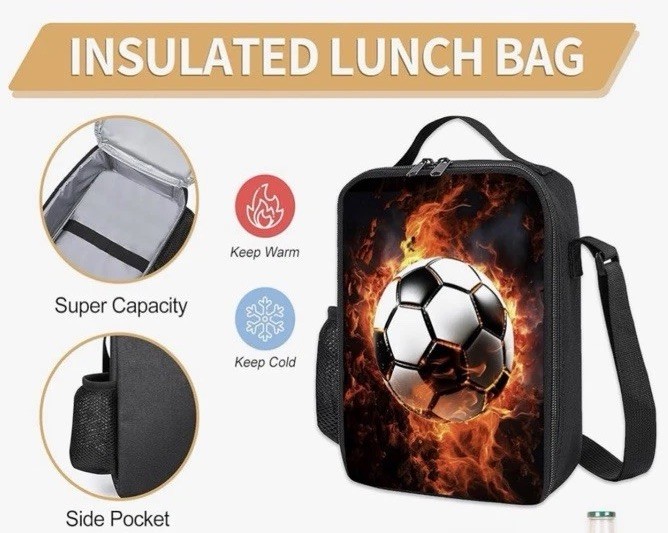 SOCCER Backpack Lunchbox Pencil Case Ball Flames Kids School Set World Cup Vibes