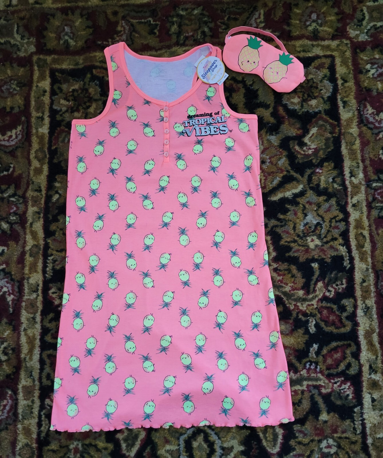 NWT Justice Girls Tropical Vibes Pineapple Henley Nightgown With Eye Mask 14/16