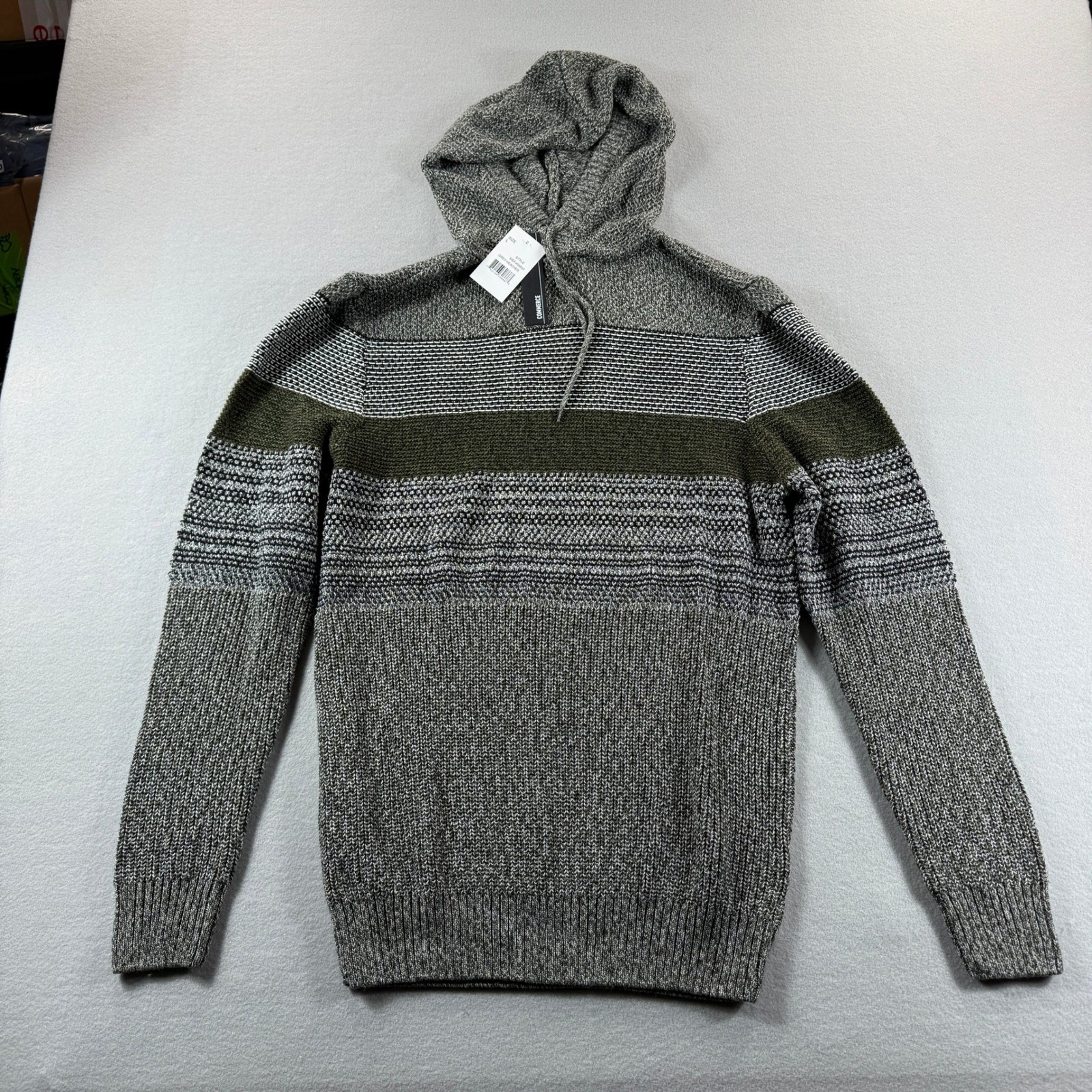 Commerce Hooded Sweater Mens Large Grey Heather Striped Knit Pullover SIEF4S6831