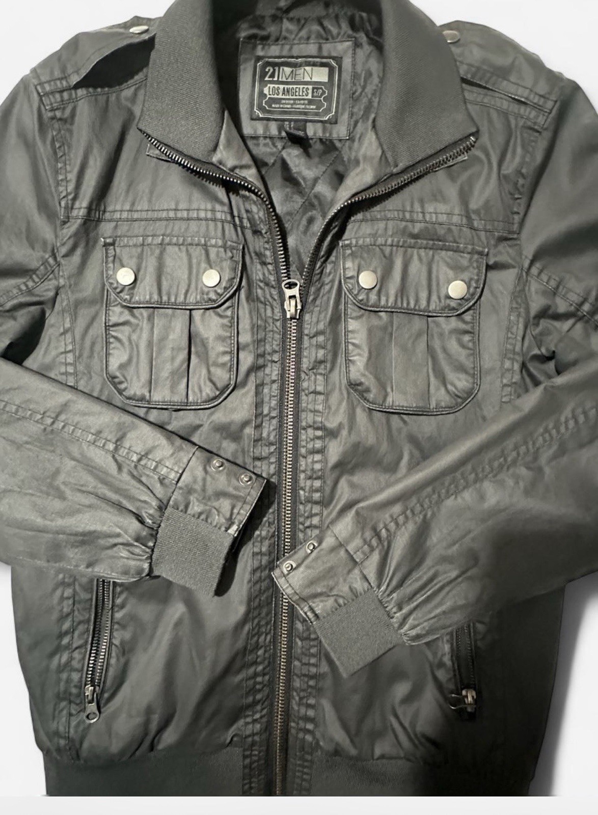 21 MEN Los Angeles Bomber Jacket Small Dark Gray Utility Cargo Full Zip