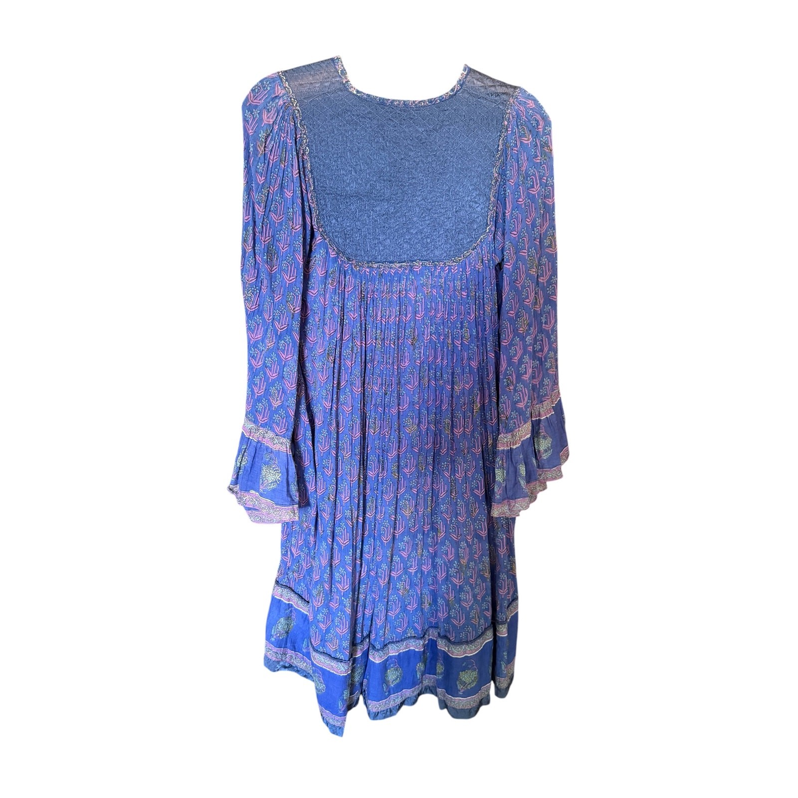 Vintage 60s 70s OH CALCUTTA India Cotton Gauze block print angel sleeve dress