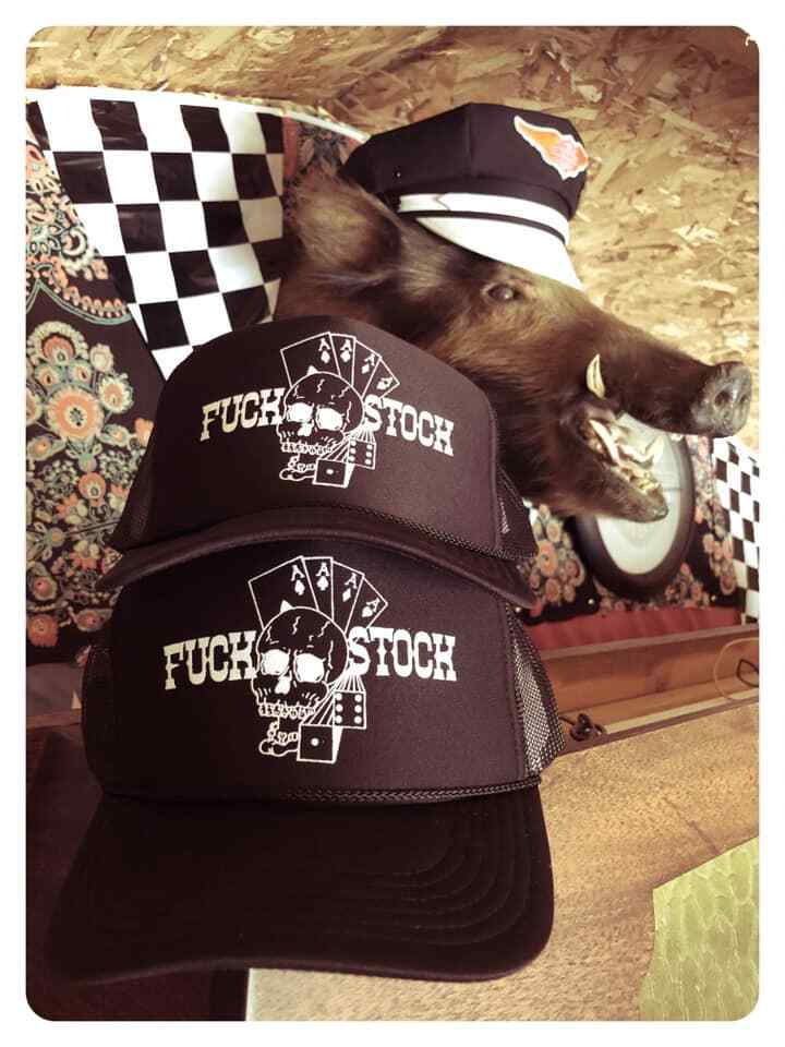 F* STOCK BLACK TRUCKER HAT Gambling skull biker motorcycle chopper vtg harley