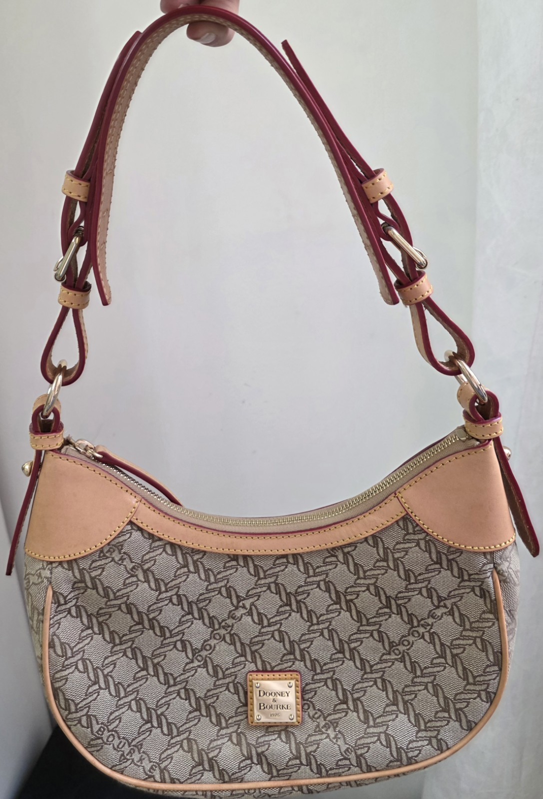 Dooney & Bourke Logo Crescent Small Shoulder Bag Tan/Burgundy NWOT