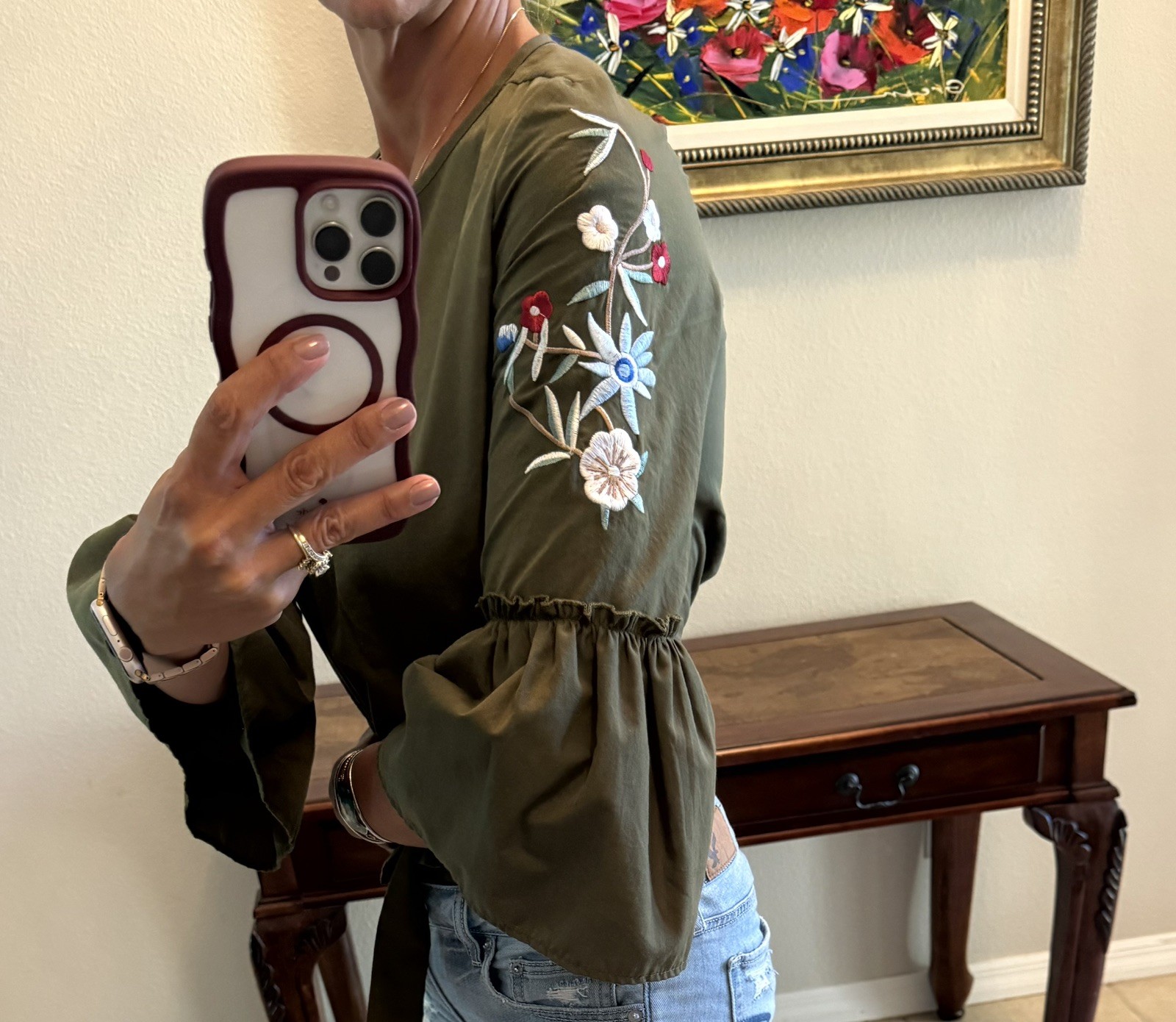 Roommates Gorgeous Embroidered M Olive Green Crop Top w/Bell Sleeves Boho Preppy