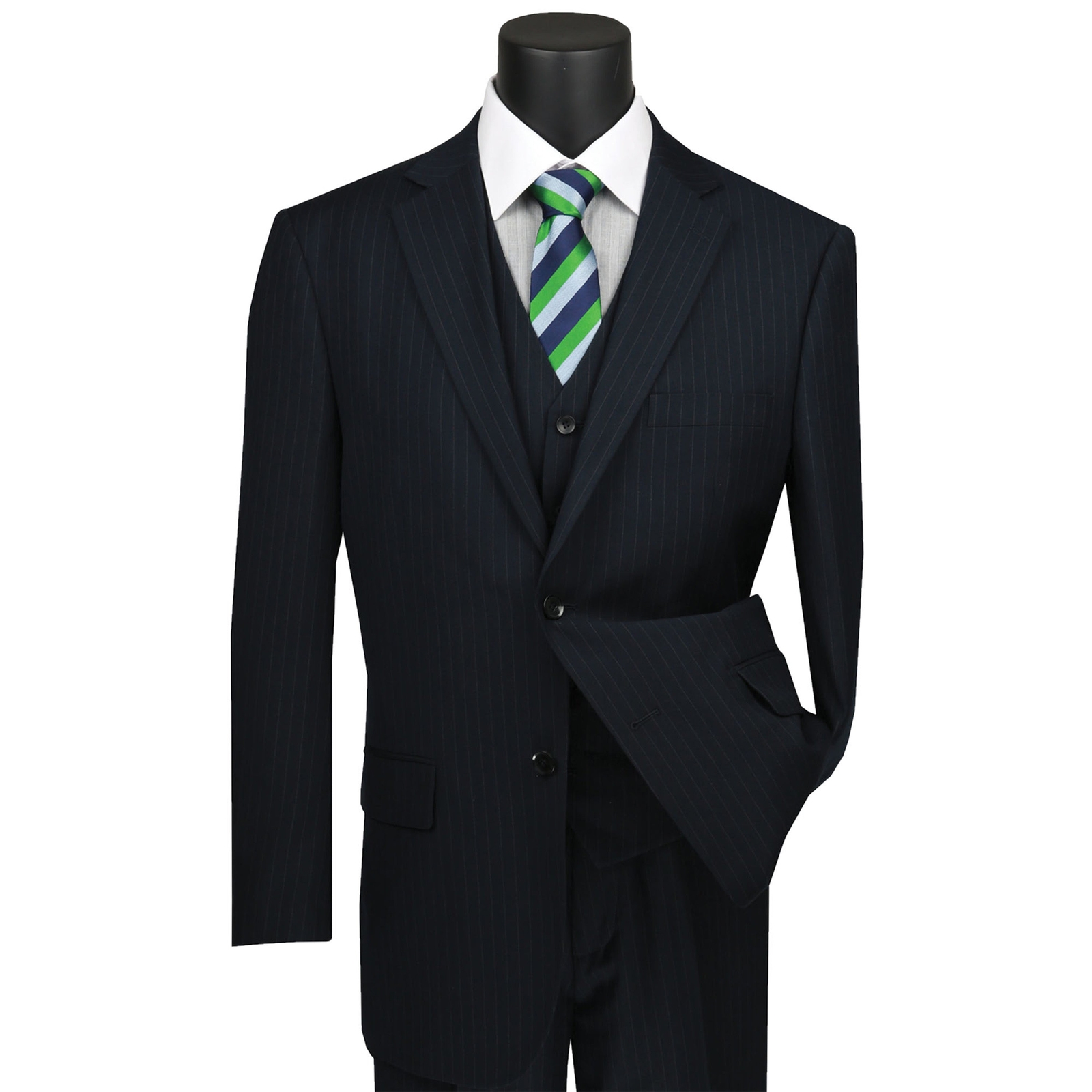 VINCI Men’s Pinstripe 3-Piece Suit 38S-62L, 4 Colors, Classic Fit – NEW