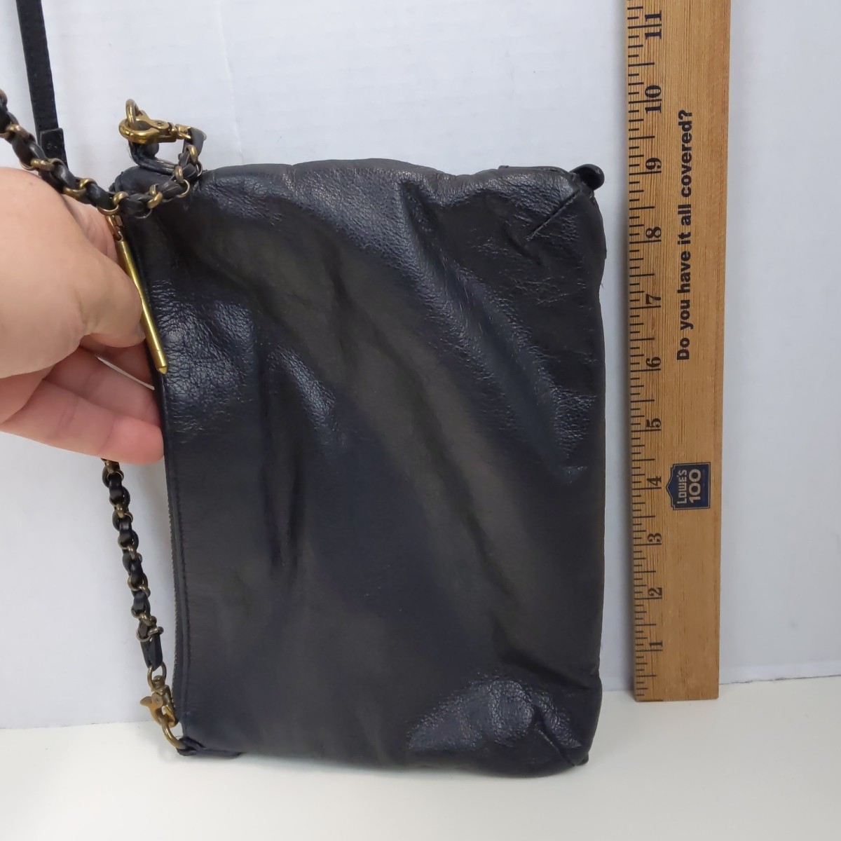Elliott Lucca Black Leather Crossbody Shoulder Bag Multi Zip Pockets Chain Strap