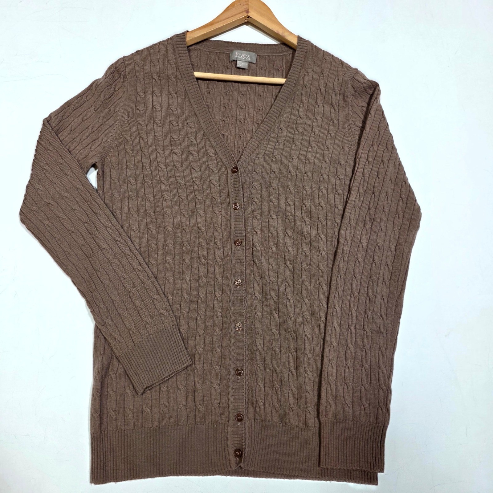 Love21 Cardigan Womens Medium Brown 100% Merino Wool Cable Knit V-Neck Sweater