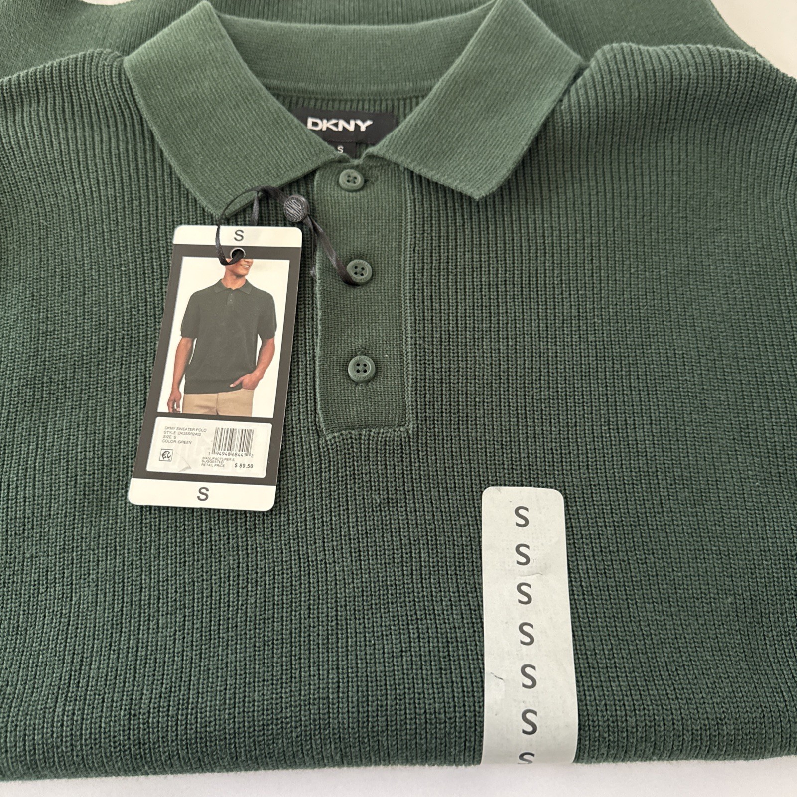 DKNY Men’s Short Sleeve Ribbed Knit 3 Button Placket Collared Sweater Polo