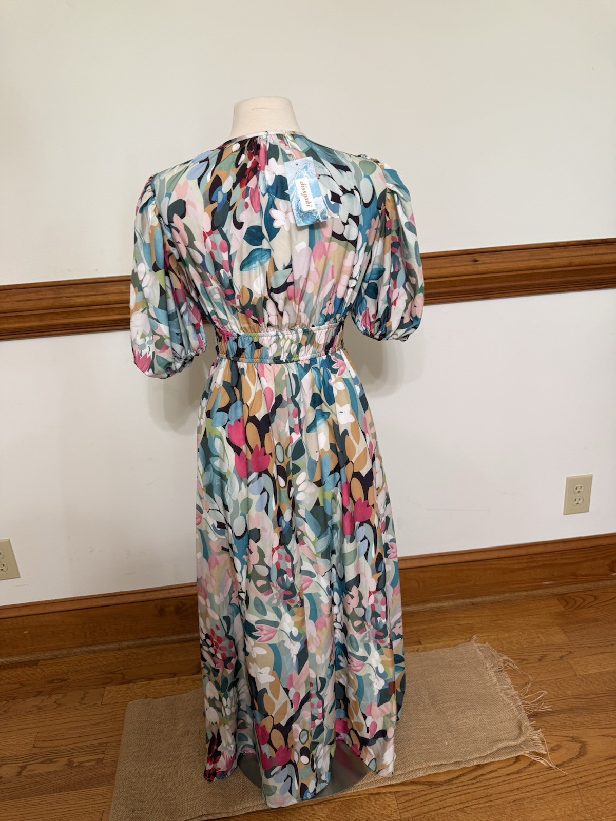 Sissyaki M Multicolor Floral Chiffon Maxi Dress V-Neck Puff 3/4 Smocked
