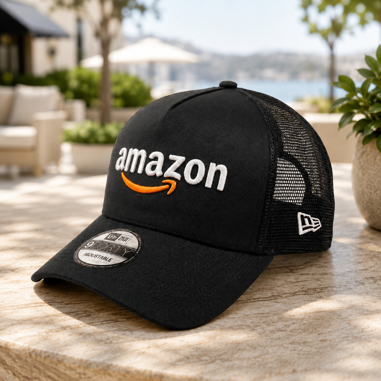 Amazon Logo Embroidered Trucker Hat Black Mesh Back Snapback Cap