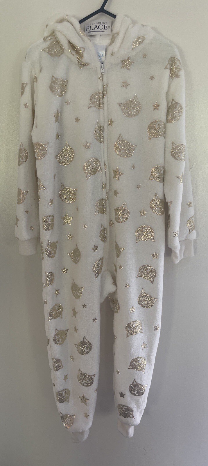 TCP Kids Girls 1-Piece Gold Cat & Stars Print Cozy Fleece Hooded PJs White XS 4