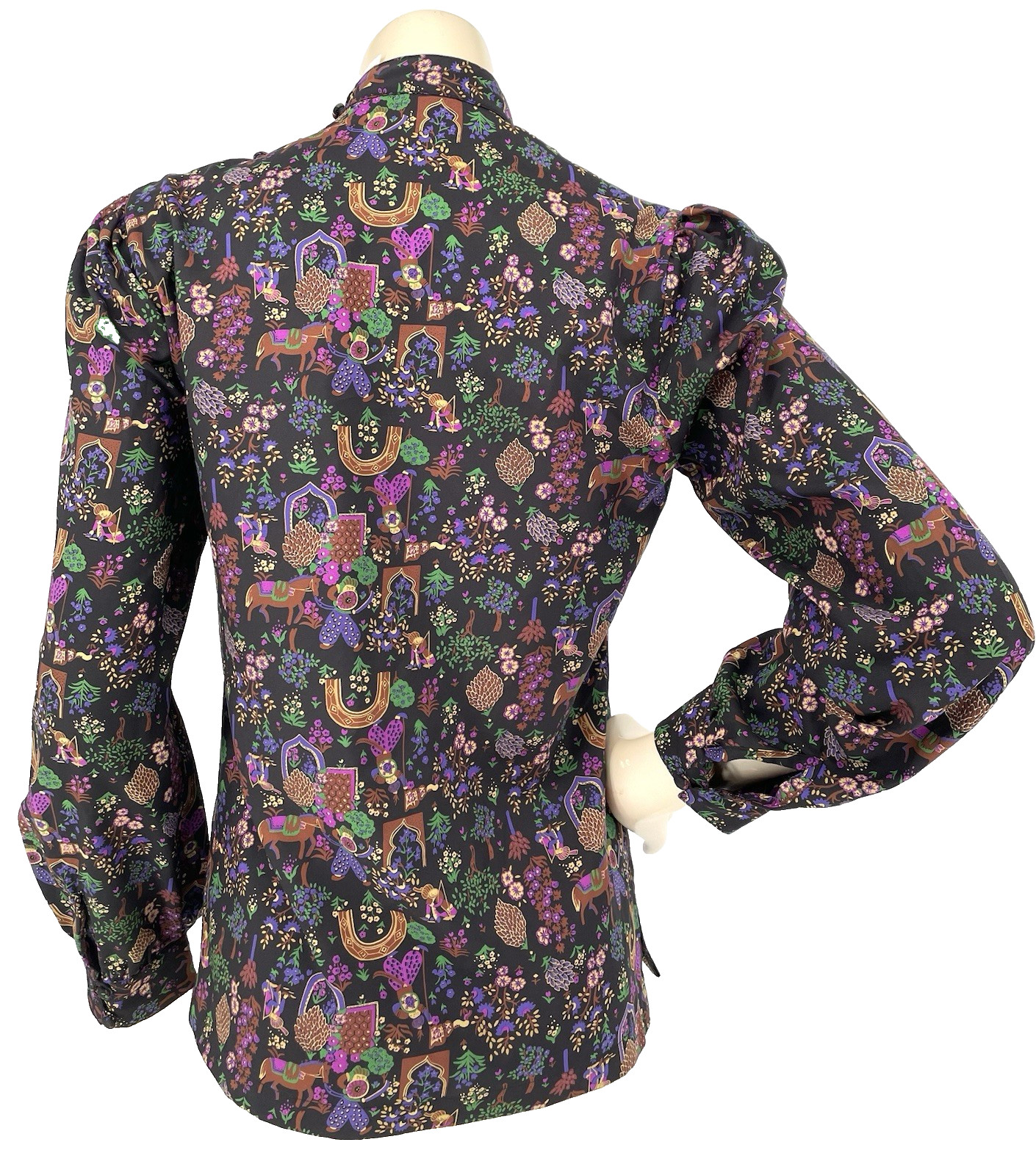 Amazing VTG 80s High Neck Sultan Raja Warrior Horse Print Button Up Shirt Top md