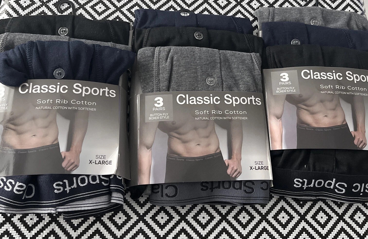 Classic Sports Underwear Mens XL Black Cotton Blend Elastic Boxers Shorts 3-Pack