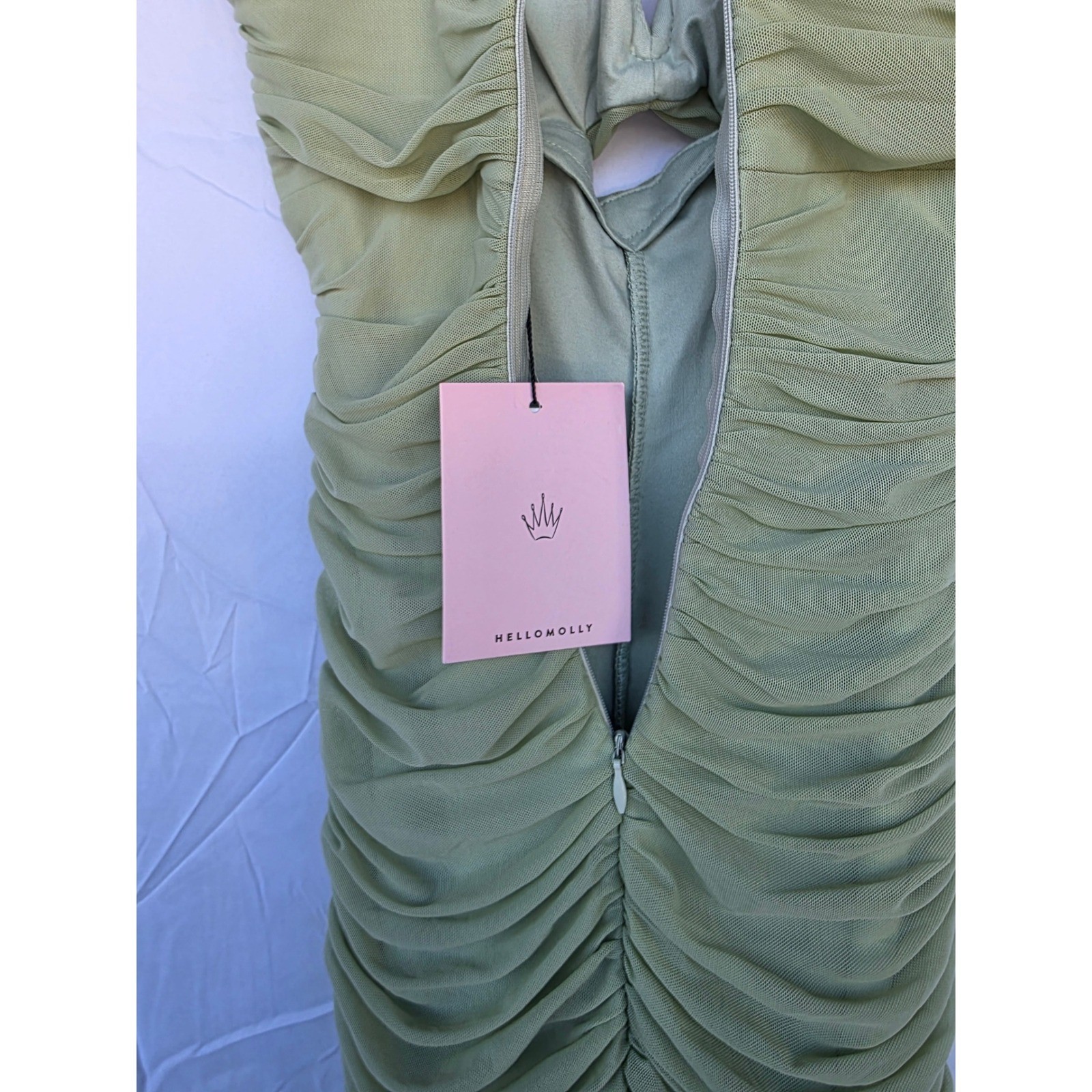 Hello Molly Sage Green Ruched Mesh Dress V-Wire Mermaid Hem Formal Gown NWT XS