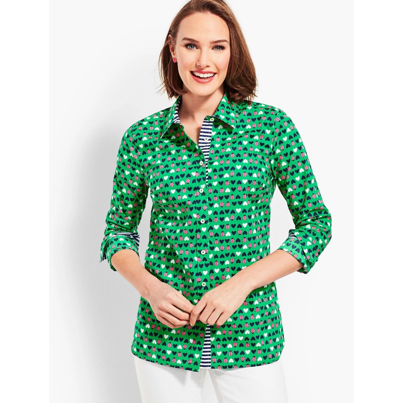 Talbots Green Ladybug Heart Print Button Down Shirt XL Womens Long Sleeve NWOT