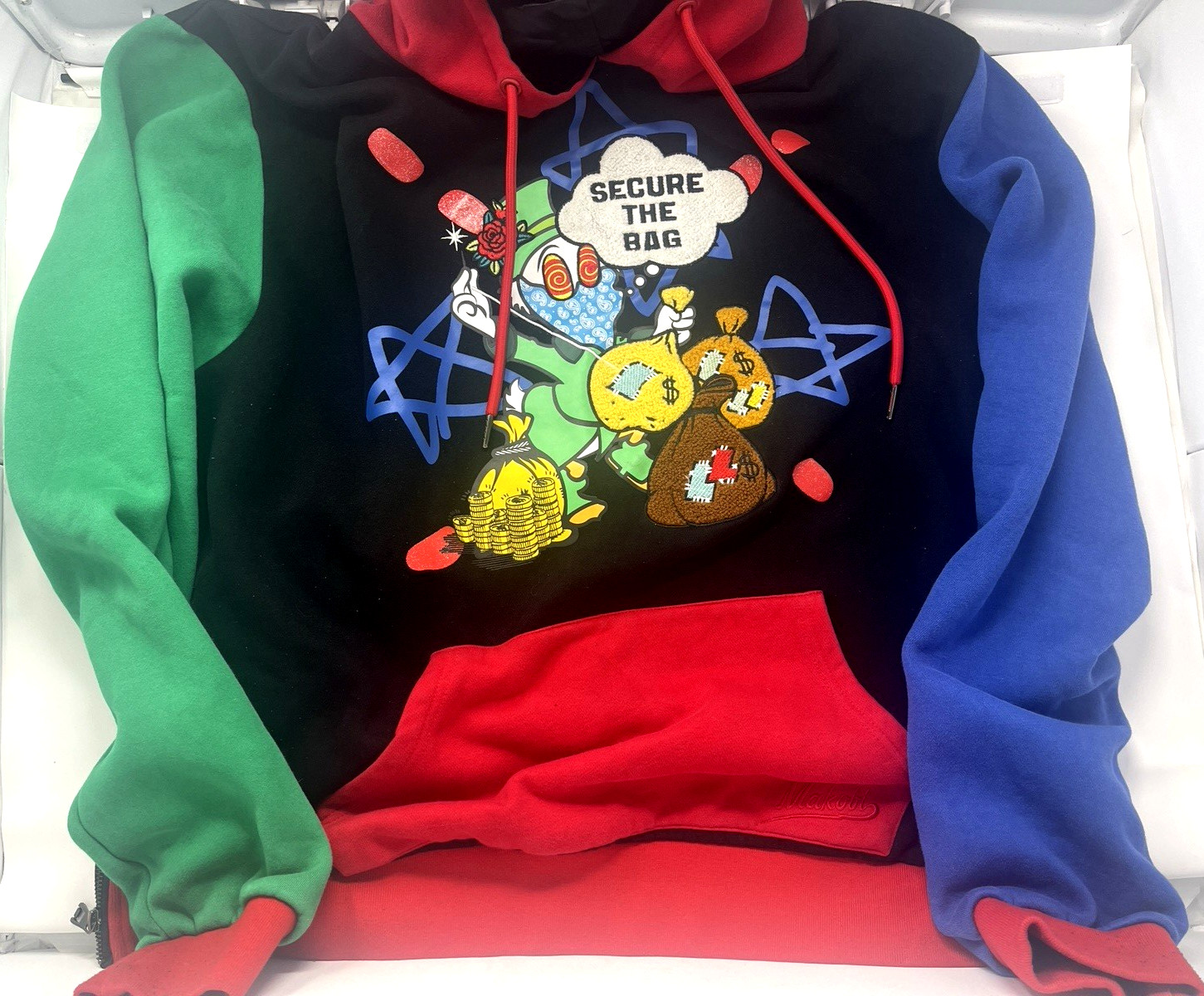 Mens Makobi “Secure The Bag” Embroidered Fleece Multicolor Hoodie Size 3XL