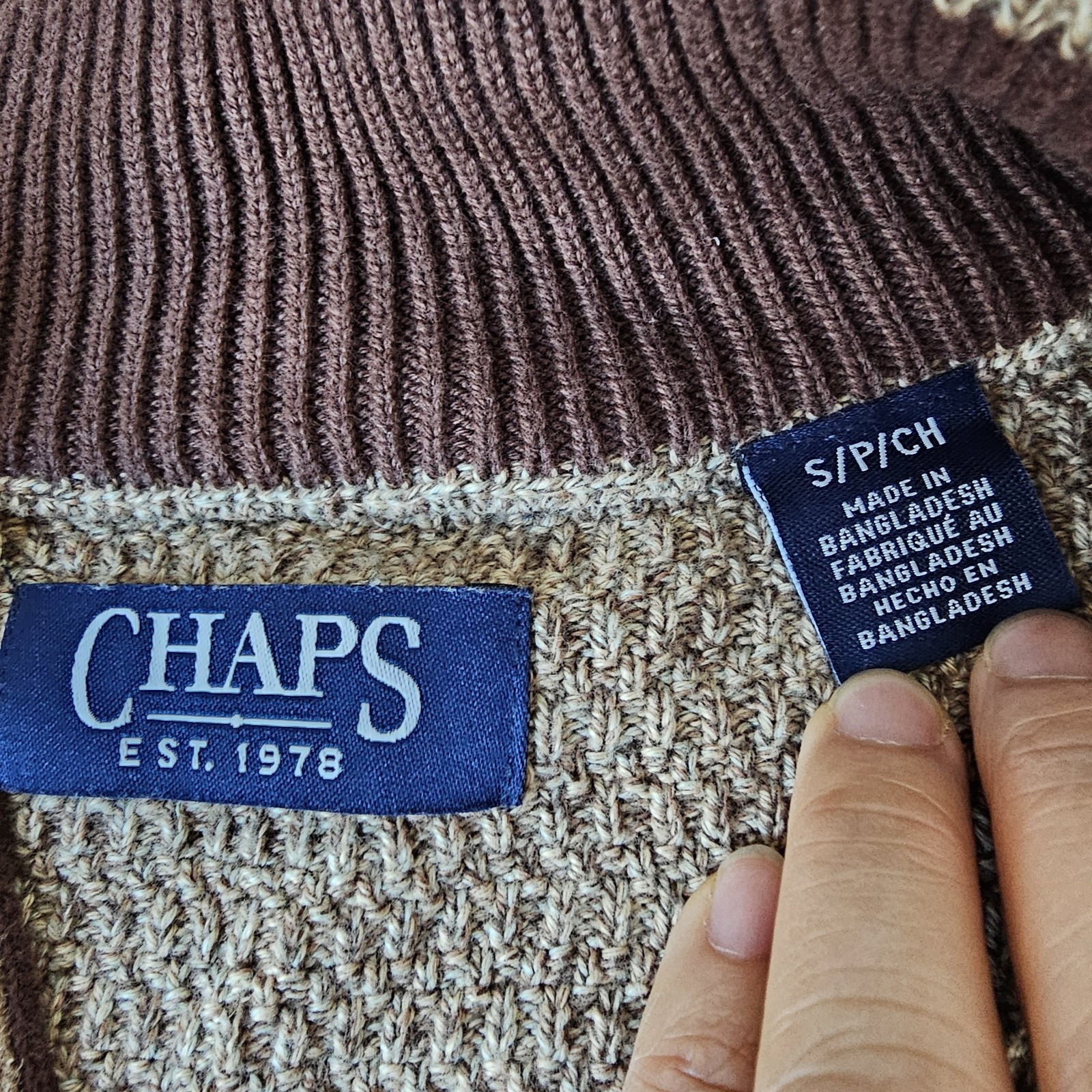 Chaps Mens Cardigan Sweater Cotton 3 Buttons Henley Elbow Pads Size Small Tan