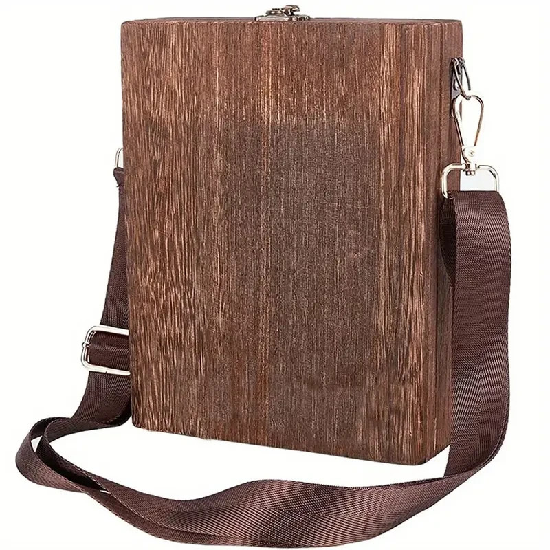 Handmade Wooden Artist Messenger Bag Brush Storage Box Deep Brown 9.65×7.48in