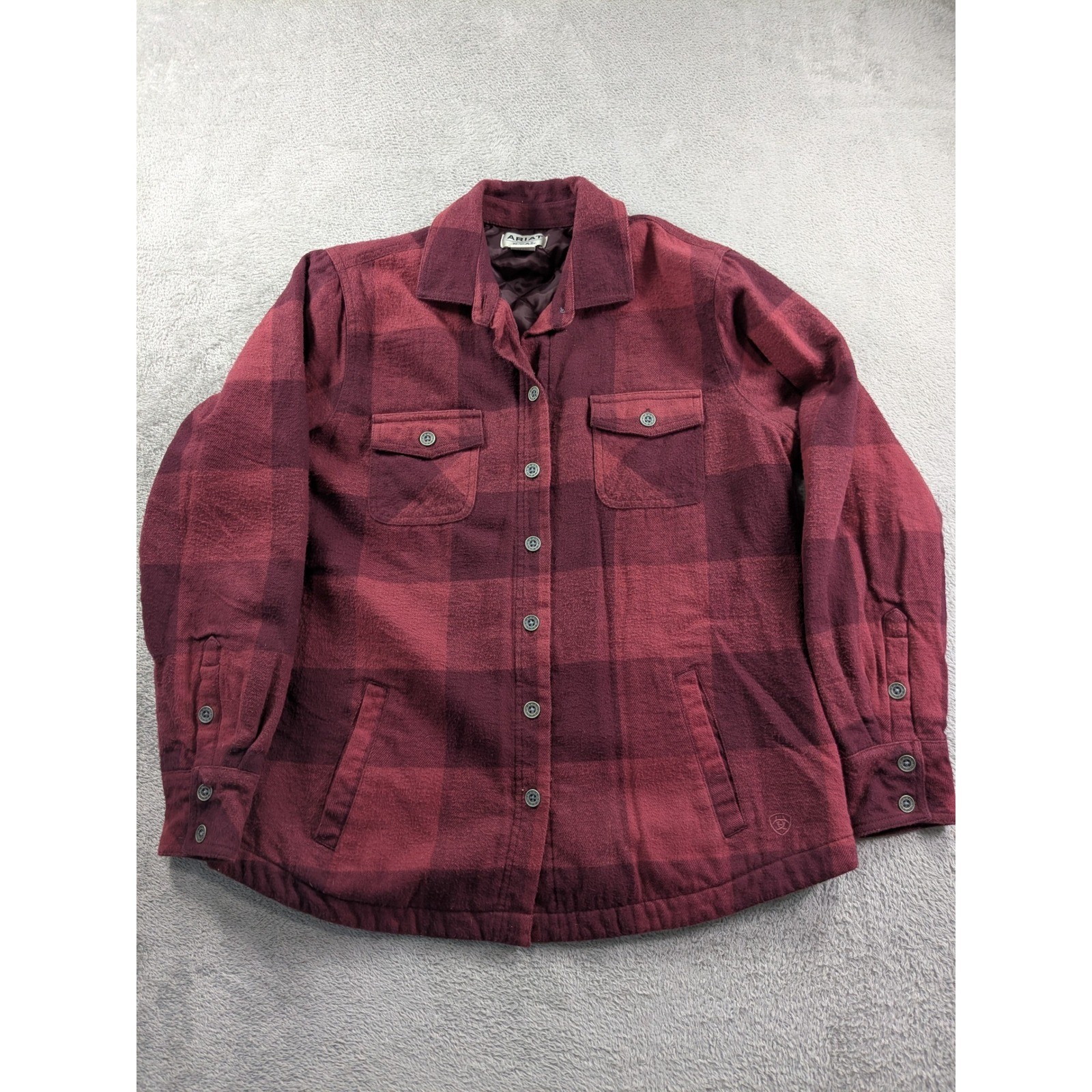 Ariat ReAL Womens L Quilted Flannel Shirt Jacket Burgundy Buffalo Plaid Lined