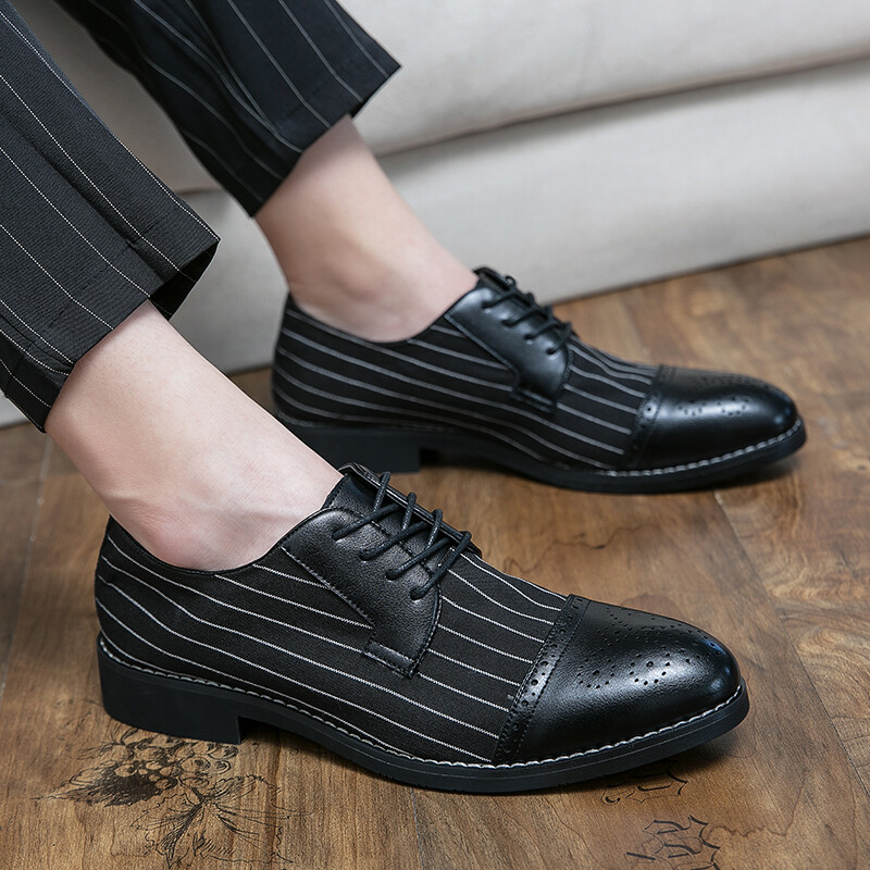 Mens Brogues Striped Pointy Toe Lace Up Oxfords British Formal Party Dress Shoes