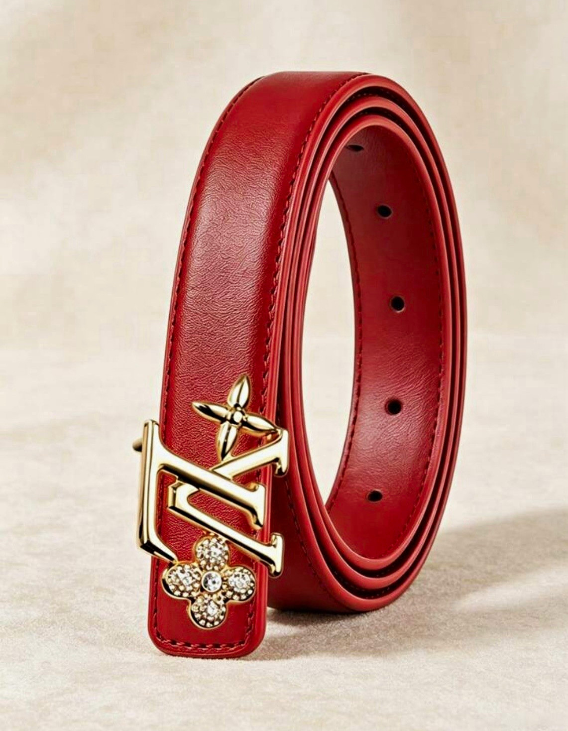 Women’s Red Belt One Size Adjustable Gold-Tone Buckle Solid Classic Fashion