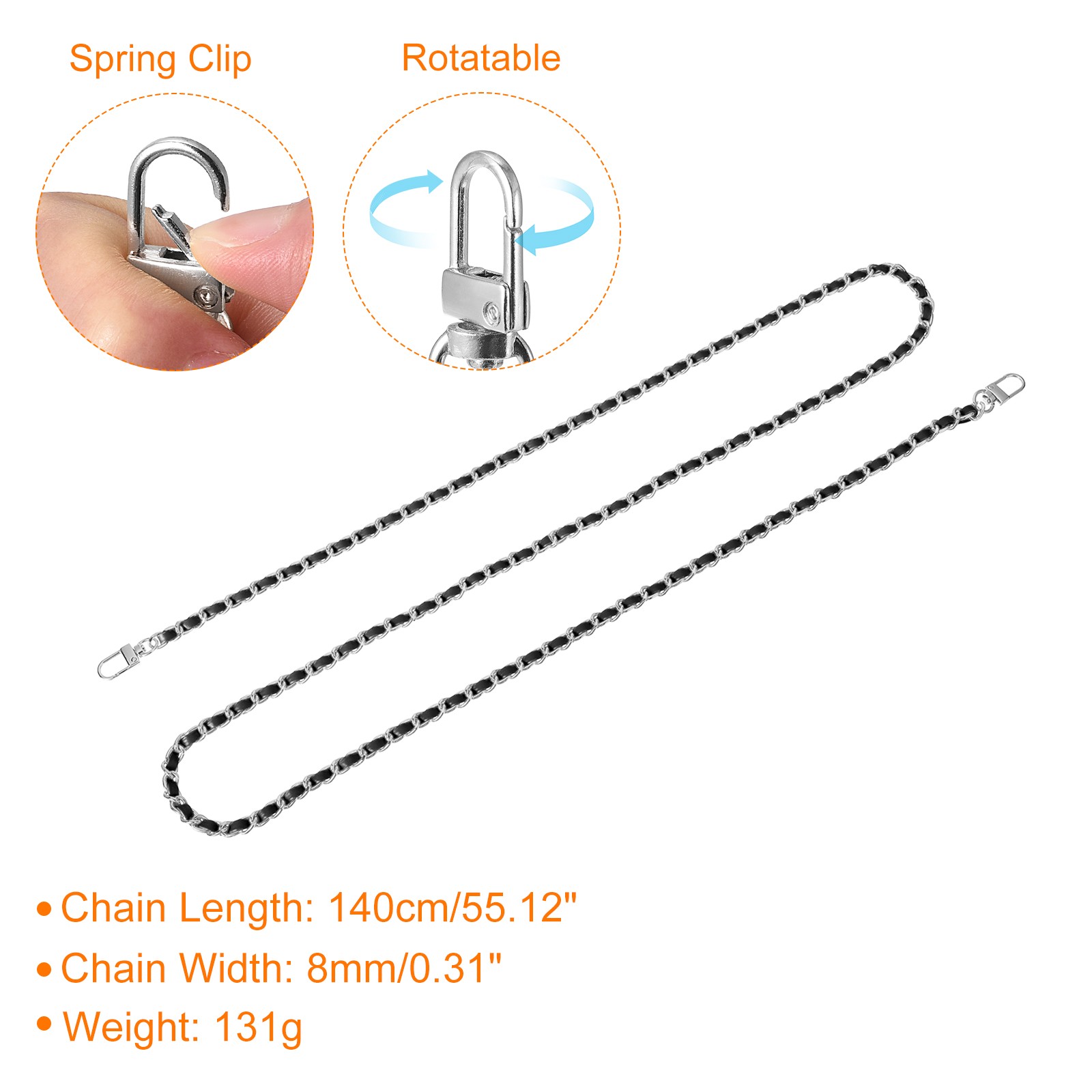 55″ Purse Chain Strap with Buckles for Shoulder and Cross Body Black Silver