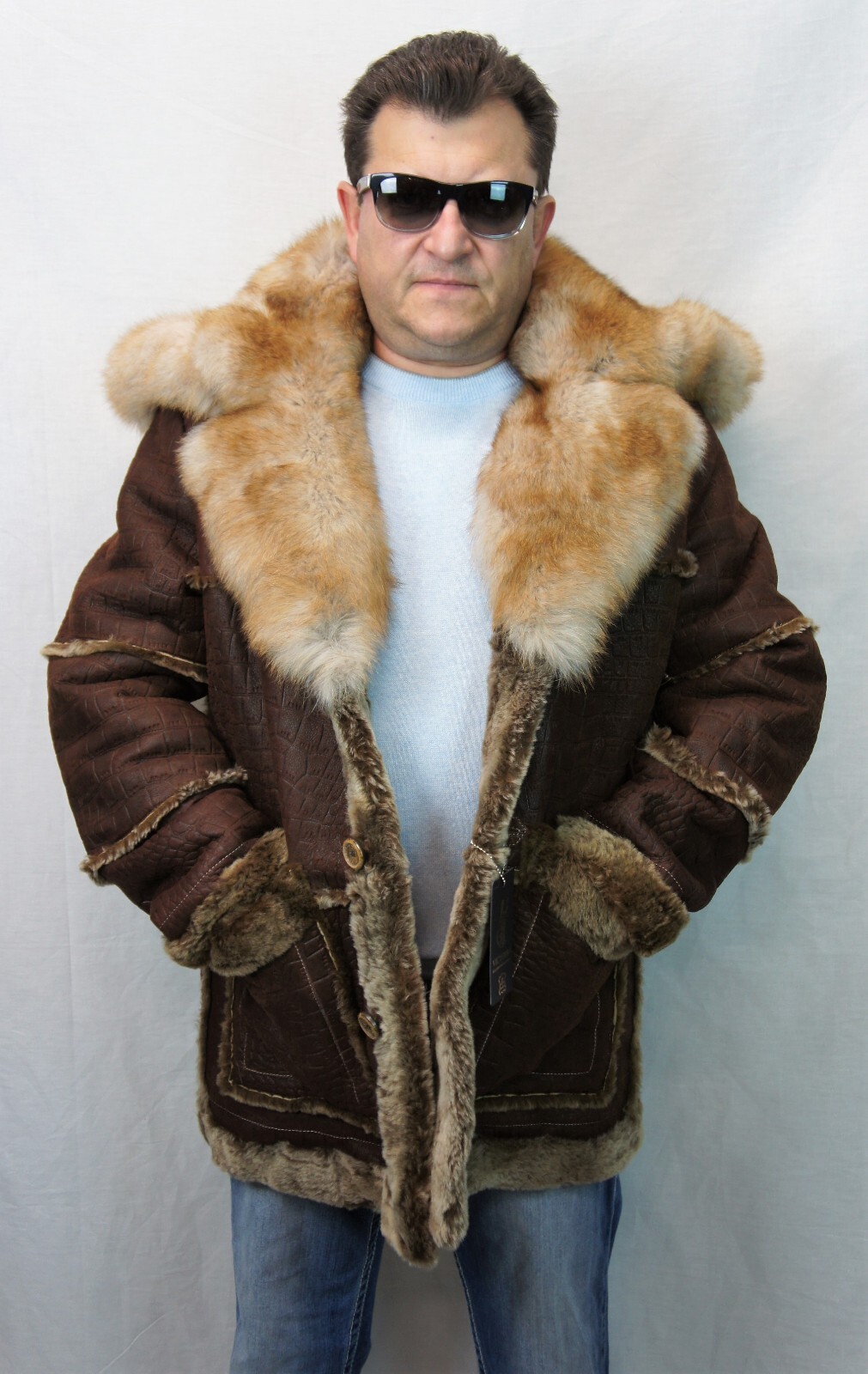 WHISKEY REAL SHEEPSKIN SHEARLING LEATHER REAL FOX MARLBORO TRENCH Coat S-8XL