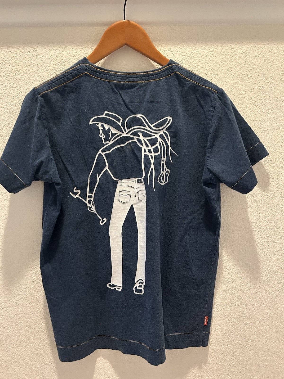 VGT Levi’s Type 1 Jeans Saddleman Cowboy T-Shirt Men Size M Navy Yellow Stitch