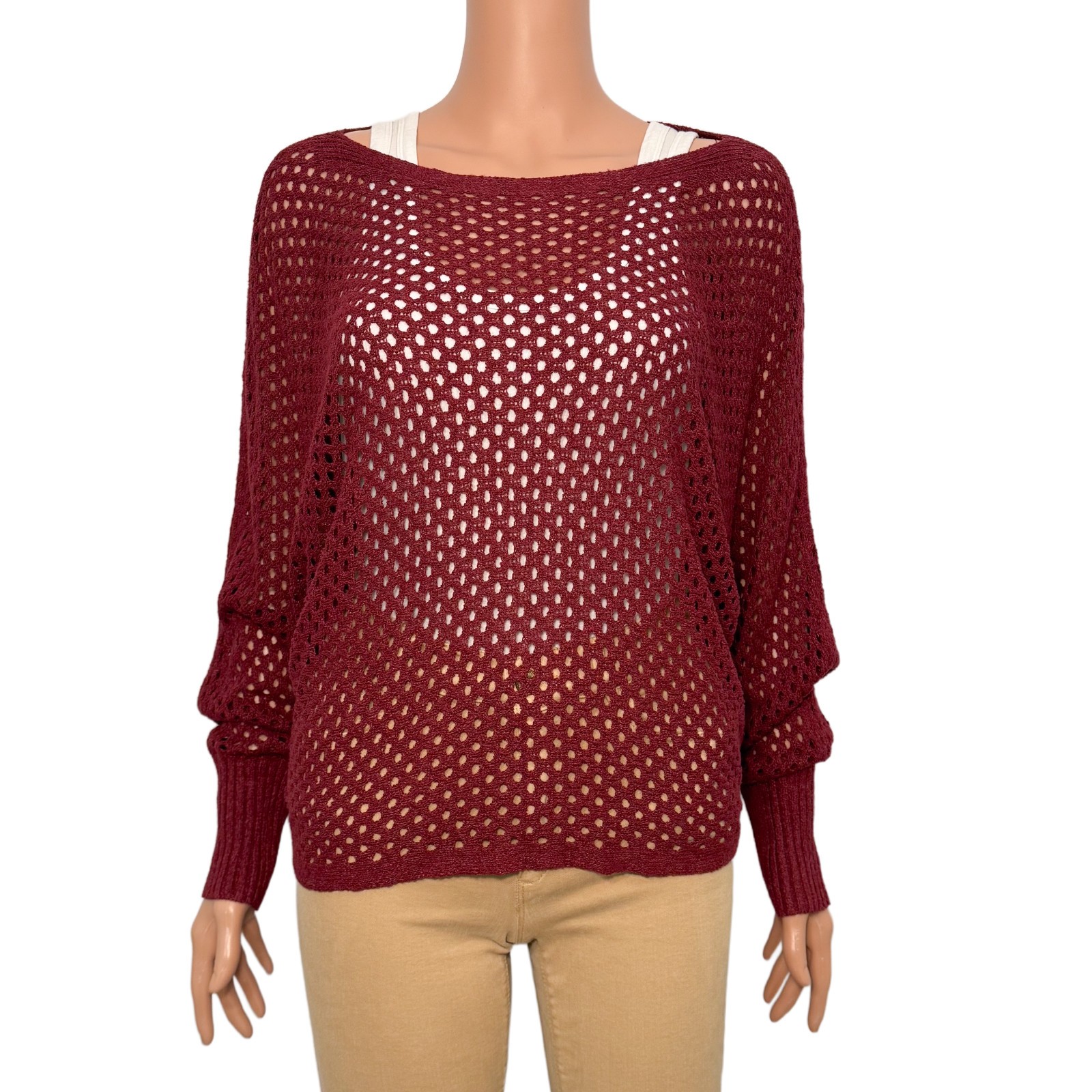 Express Women’s Medium Open Knit Burgundy Red Long Sleeve Sweater