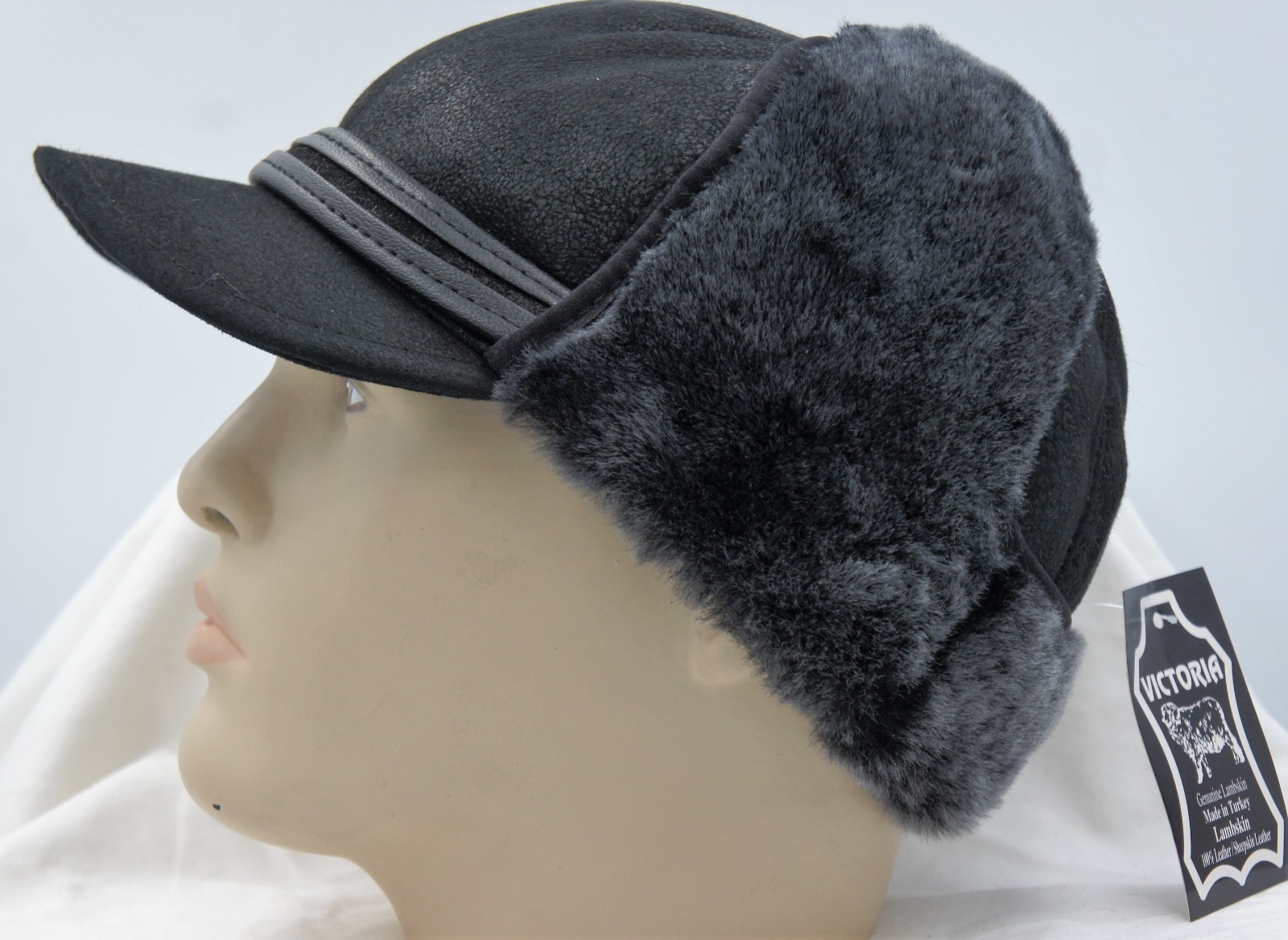 REAL SHEEPSKIN SHEARLING LEATHER Winter Aviator Hat Trapper Pilot S-3XL, BLACK