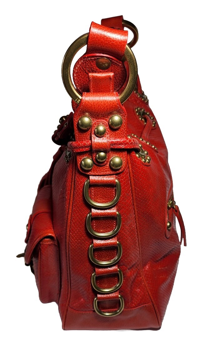 ISABELLA FIORE SNAKE CHARMER RED STUDDED EMBOSSED LEATHER SHOULDER HANDBAG $695