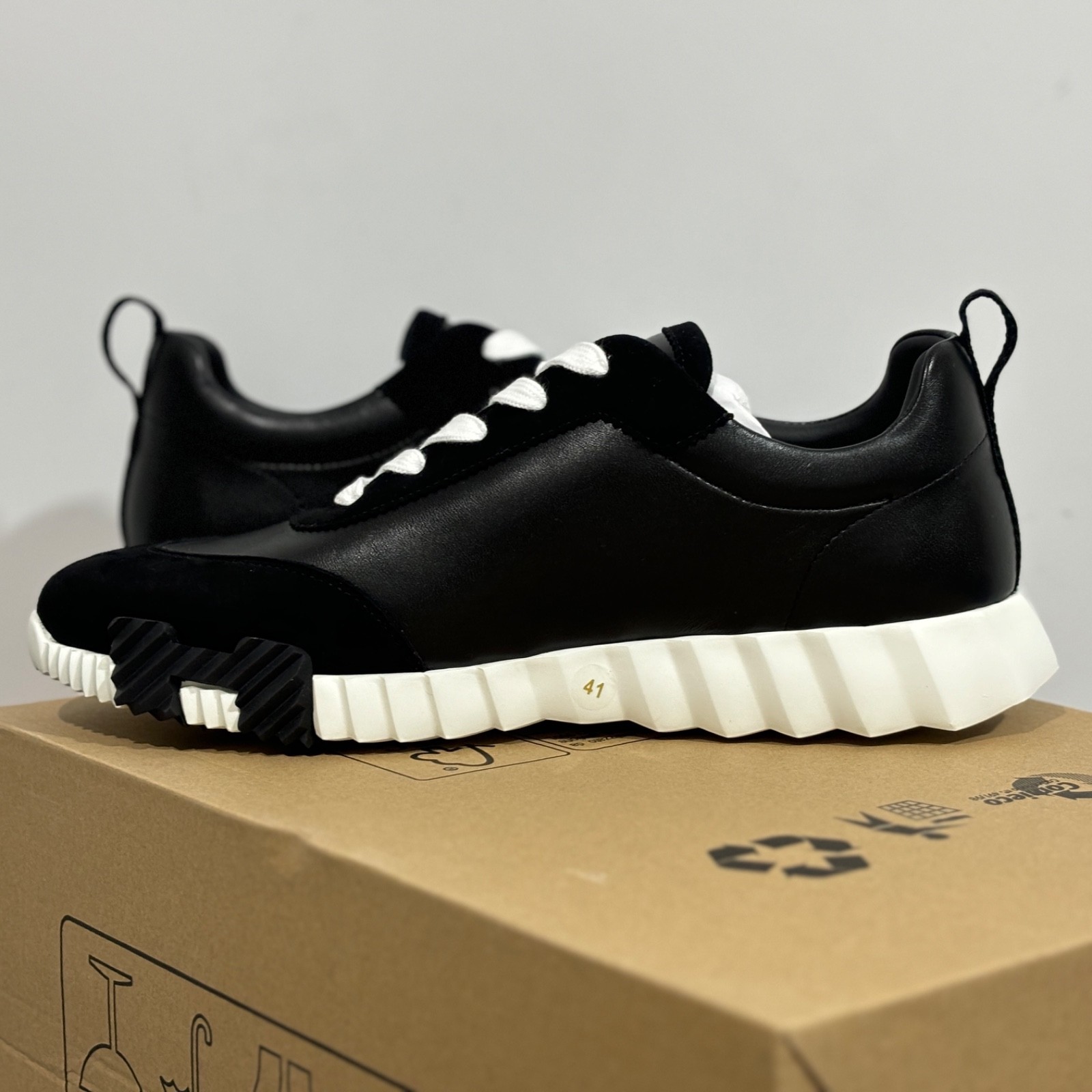 Men Hermes Bouncing Sneakers Black Leather Suede White Rubber Sole Casual Shoes