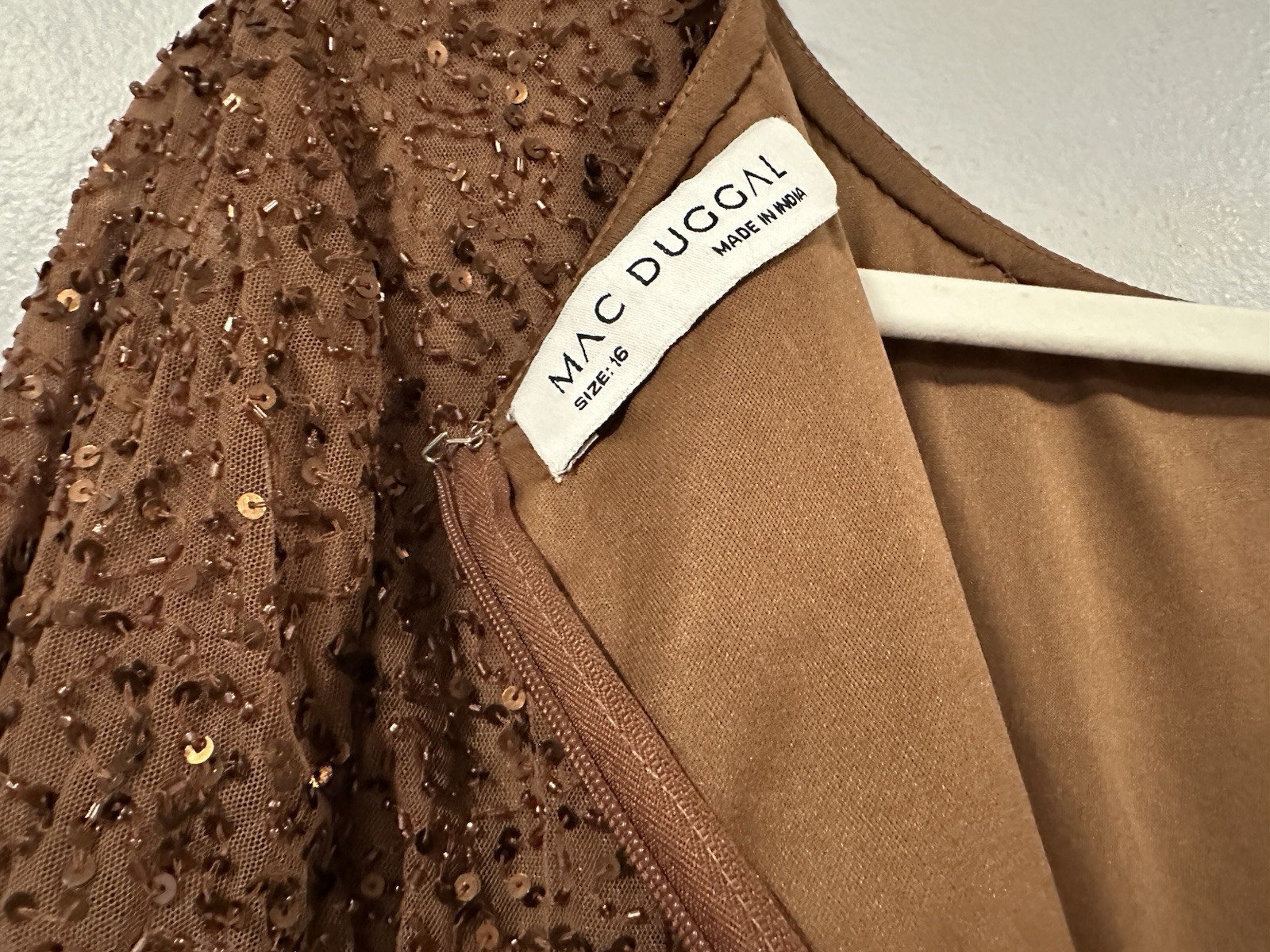 Mac Duggal 5615 Mocha High Neck Long Sleeve Sequin Gown Sz 16 NWOT