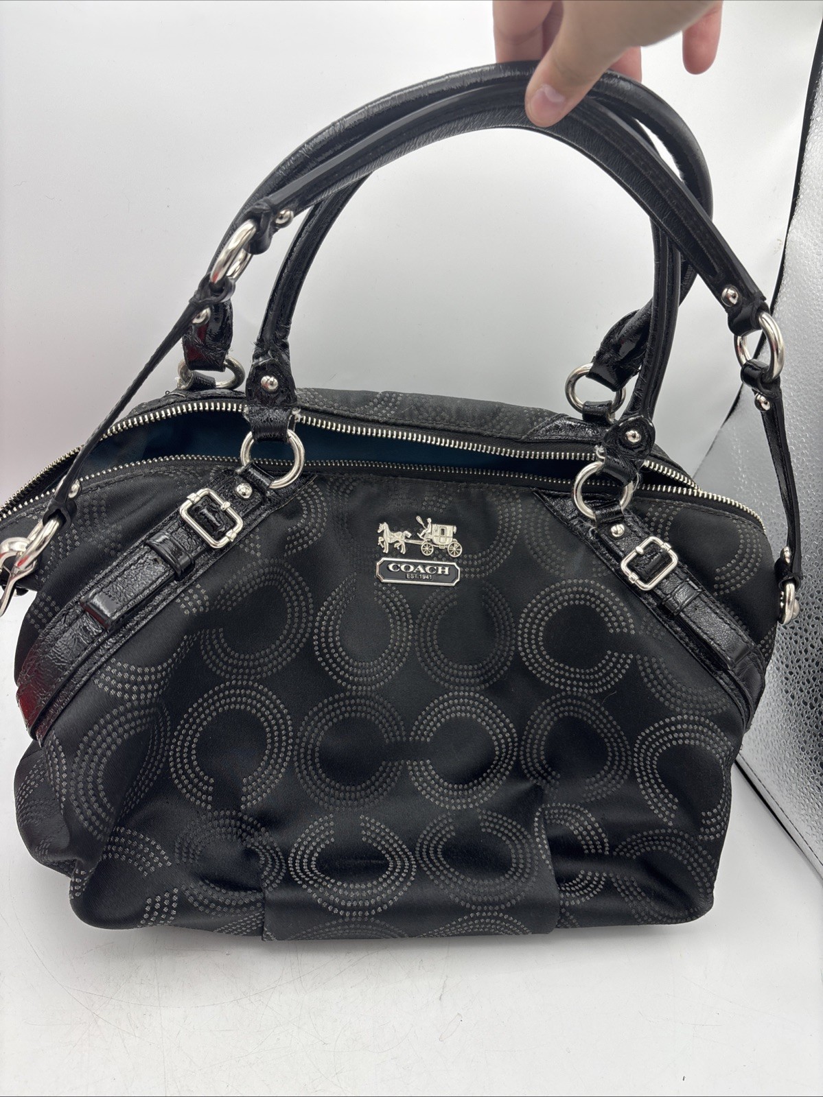 Coach Black Madison Sophia Dotted OP Art Patent Leather Satchel Bag 15935