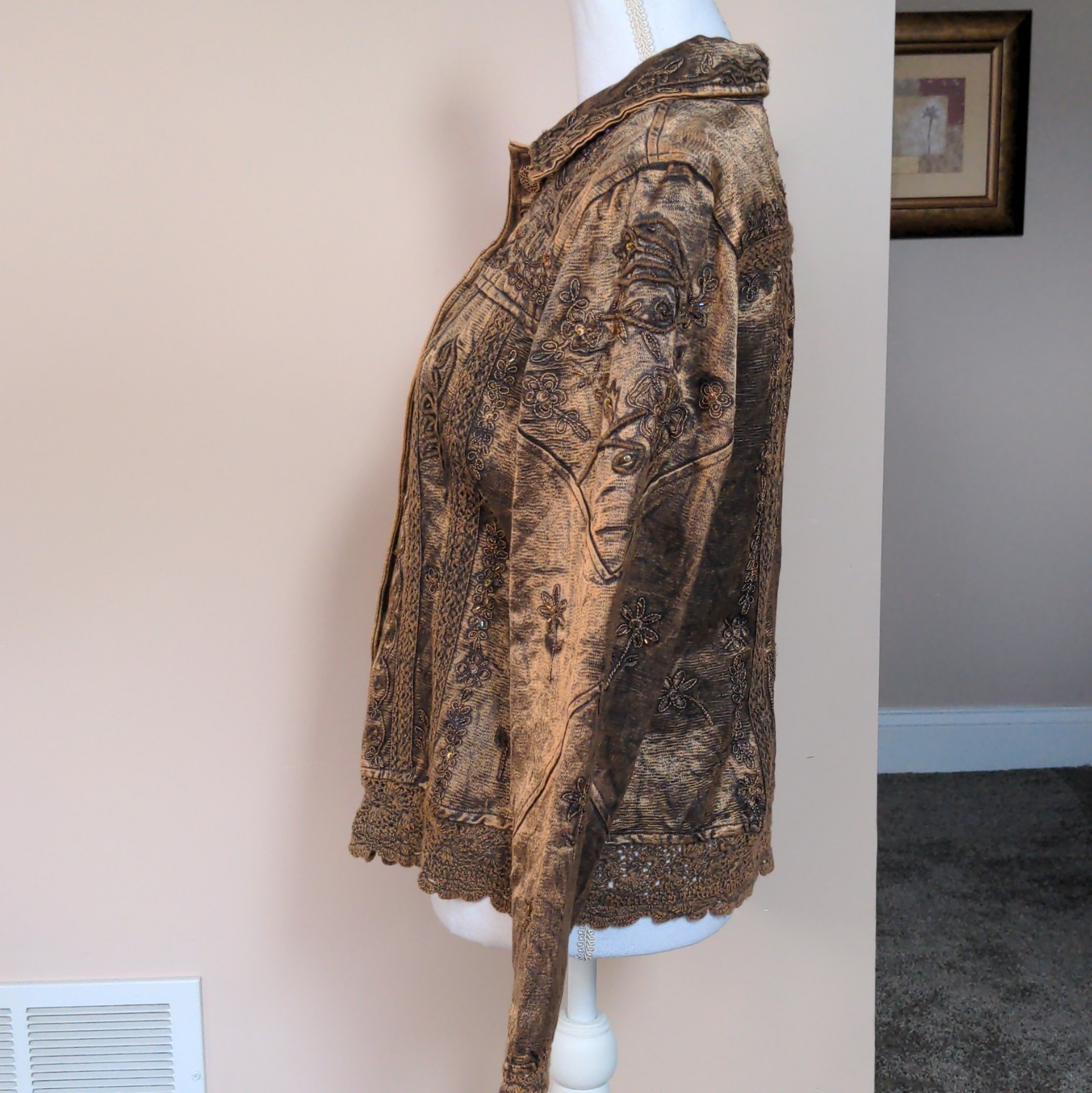 Flashback Women’s Brown Floral Embroidered Button-Front Pocket Jacket Long M
