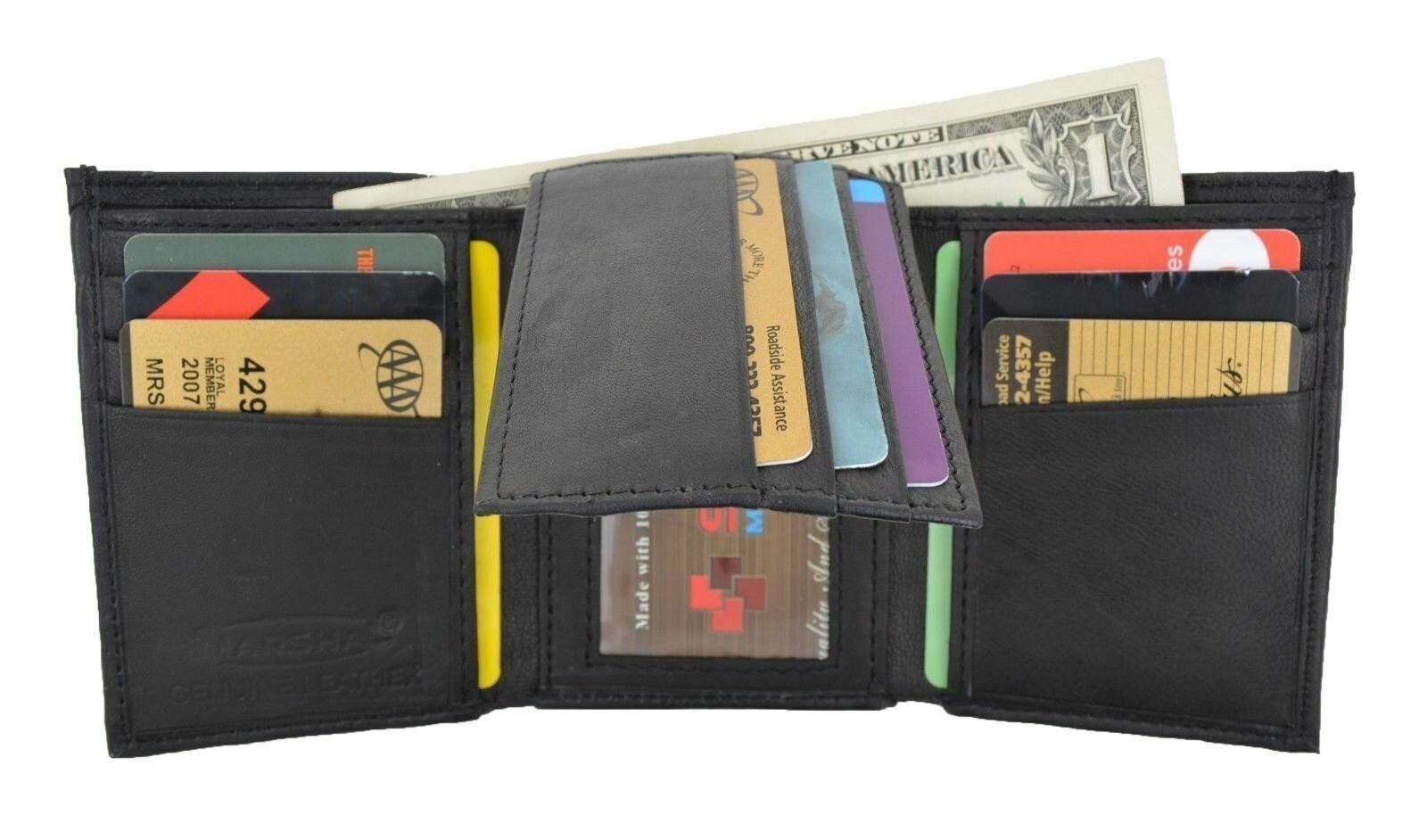 Black Men’s Leather Trifold Center Flap Up ID Credit Card Holder Wallet Marshal