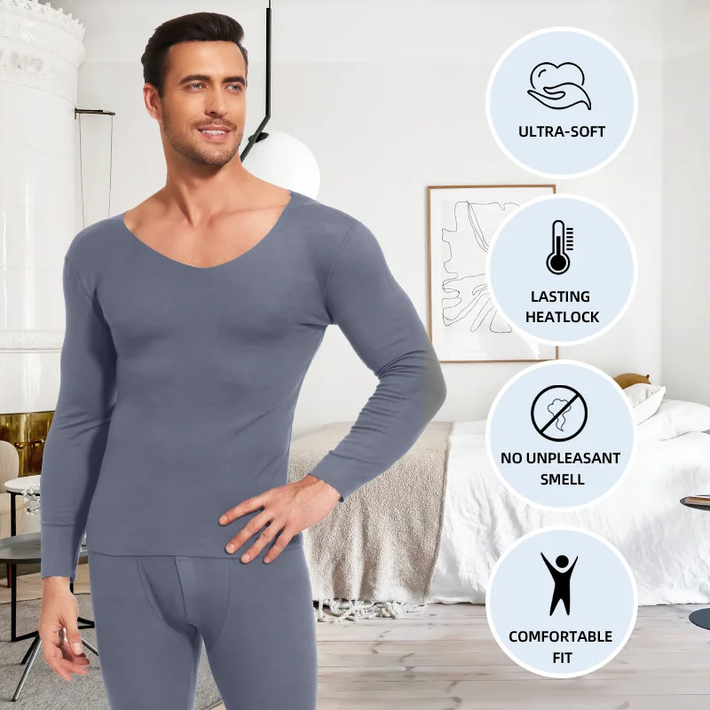 Mens V-neck Thermal Underwear Set Long Johns Autumn Winter Shirt and Pants Set