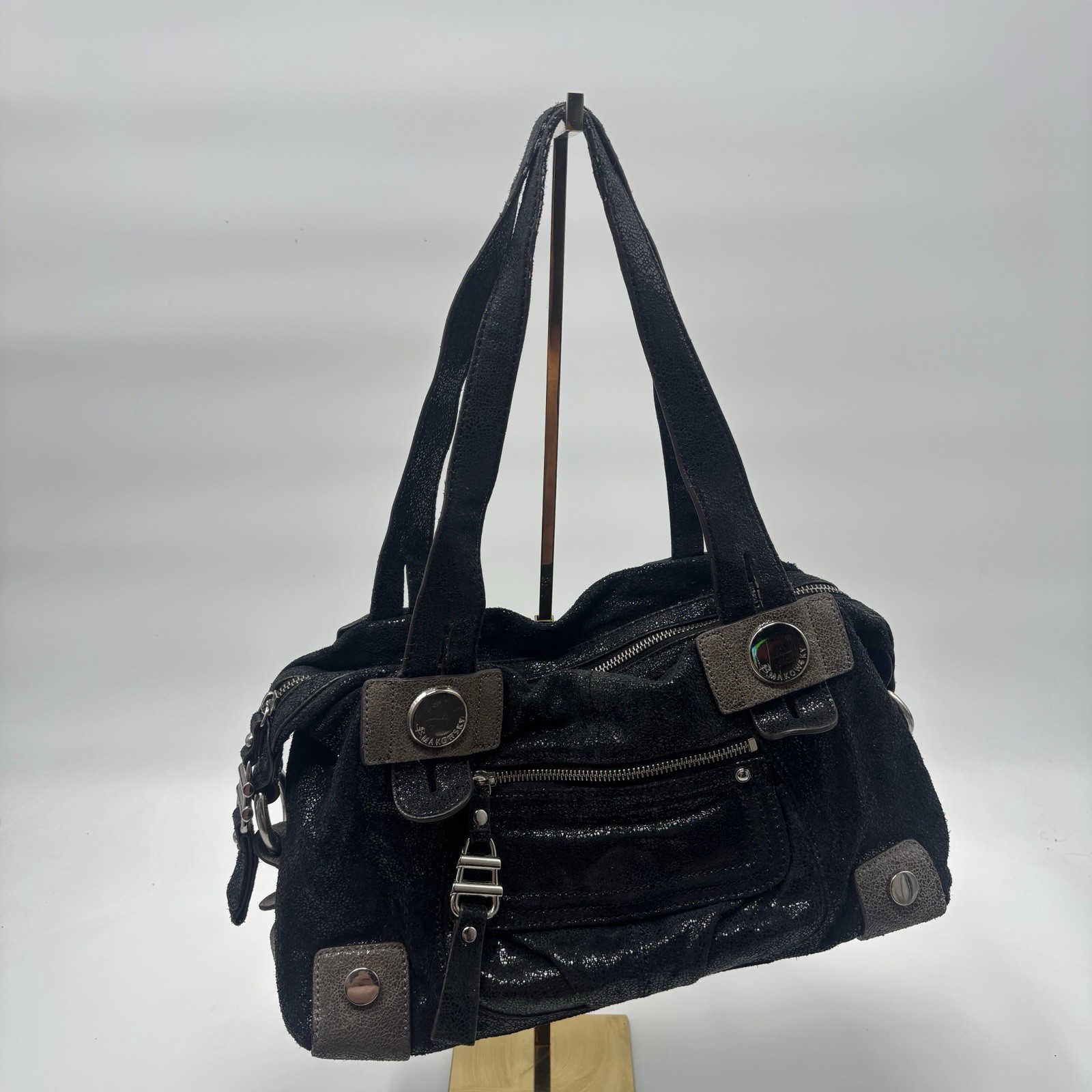 B. MAKOWSKY Black Shimmer Metallic Leather Bag. Read Description