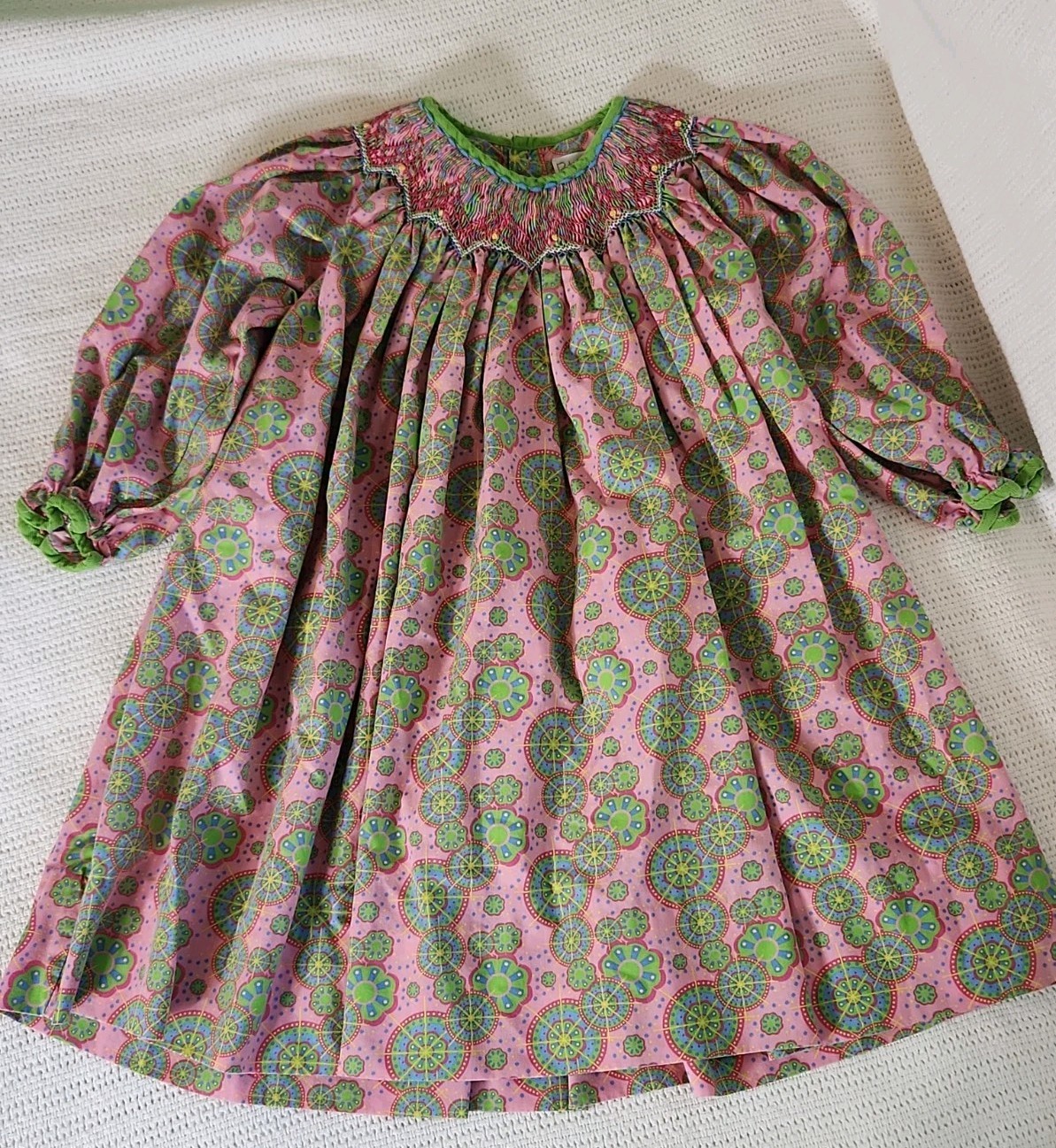Petit Ami Smocked Green/Pink Multicolor Long Sleeve Dress 2t
