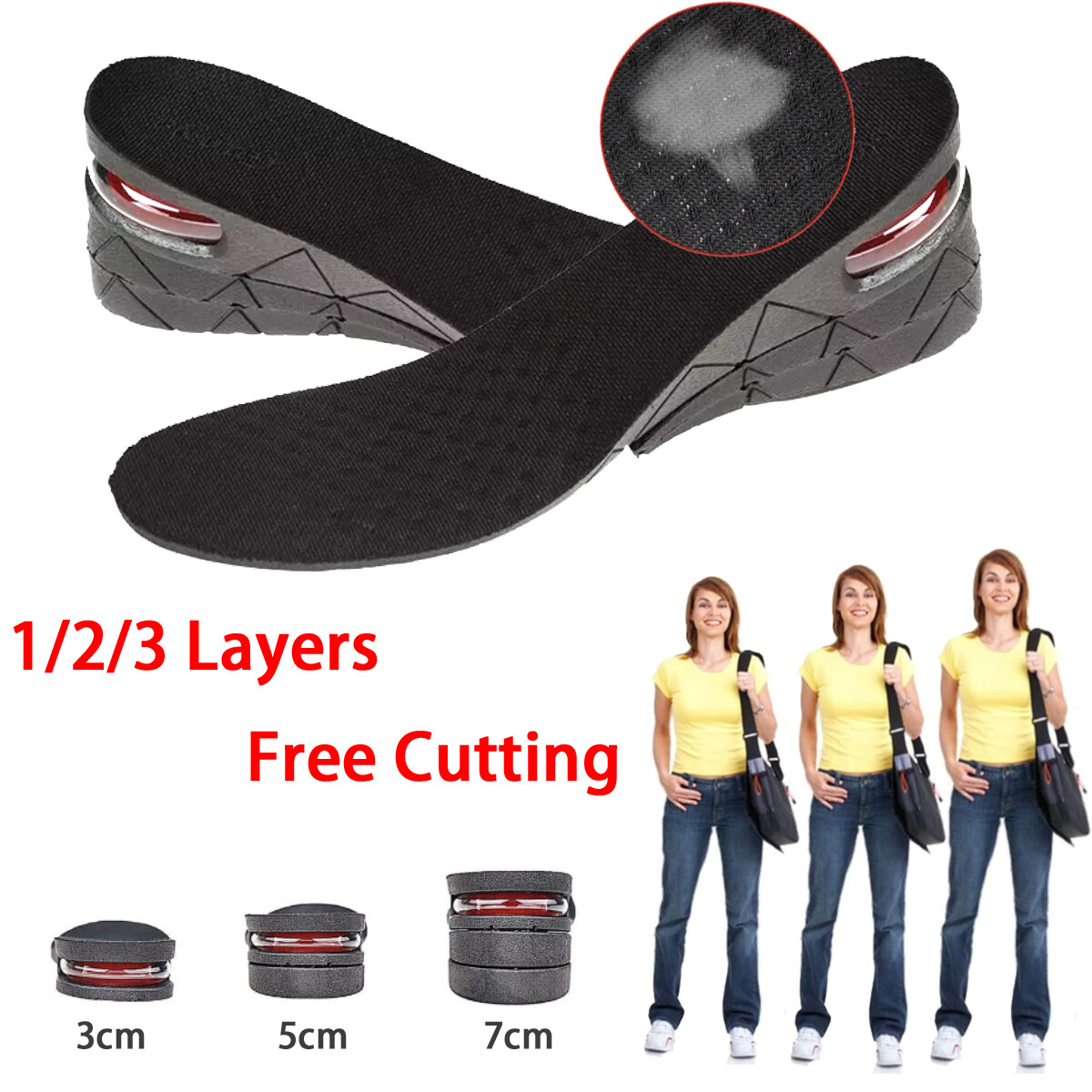 3-7cm Comfort Insoles for Men and Women Adjustable Height Booster Insoles