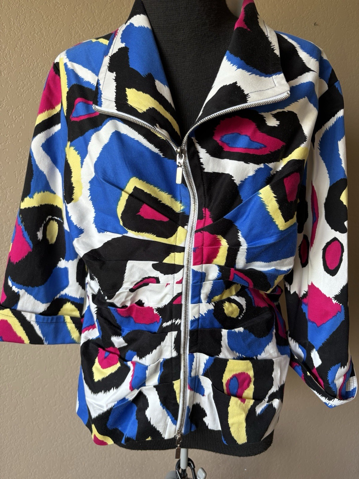 Joseph Ribkoff Zip Up Jacket Rouched Colorful Size 12 Cuff 3/4 Sleeves