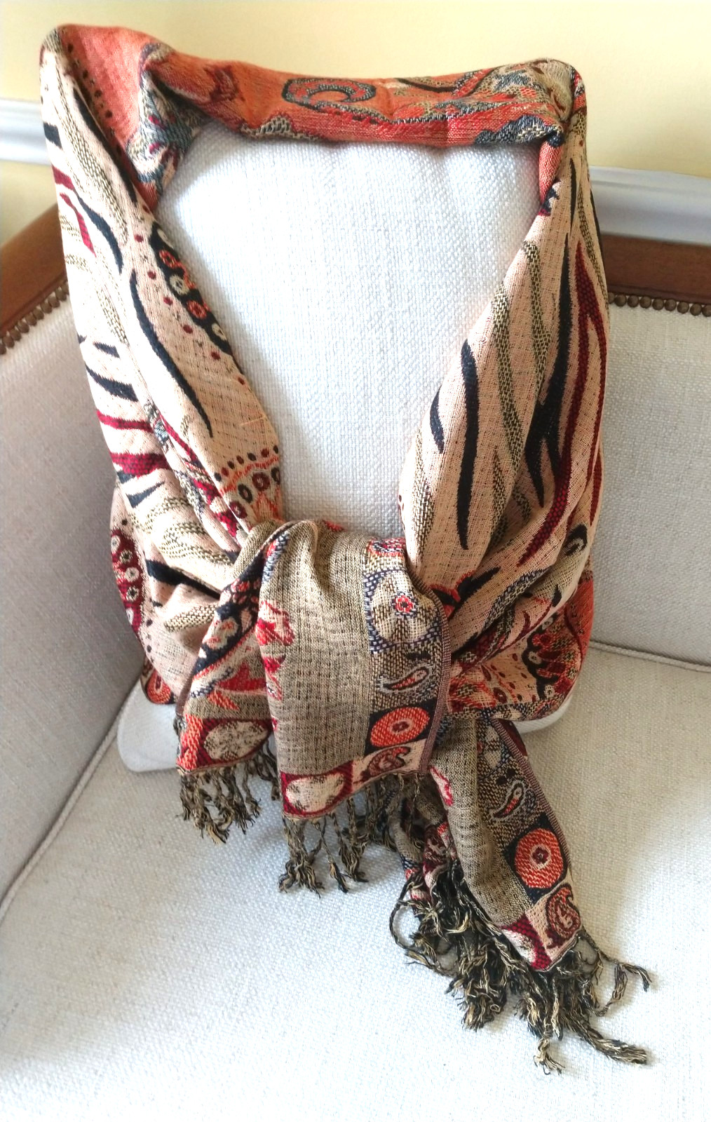 Pashmina Scarf Wrap Shawl Woven Tan Black Orange Paisley Fringe 27 x 68 inches