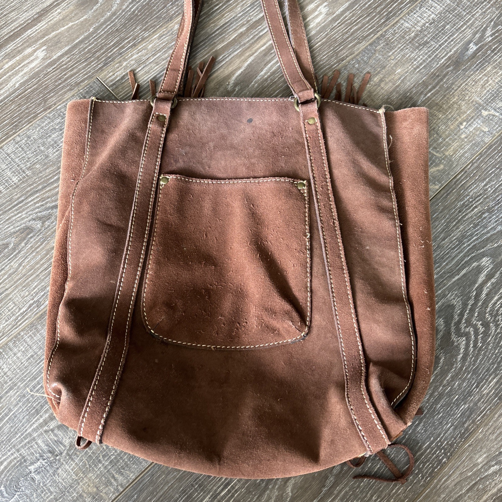 Patricia Nash Leather & Cowhide Print Mwith Leather Fringe Tote Purse – See Pics