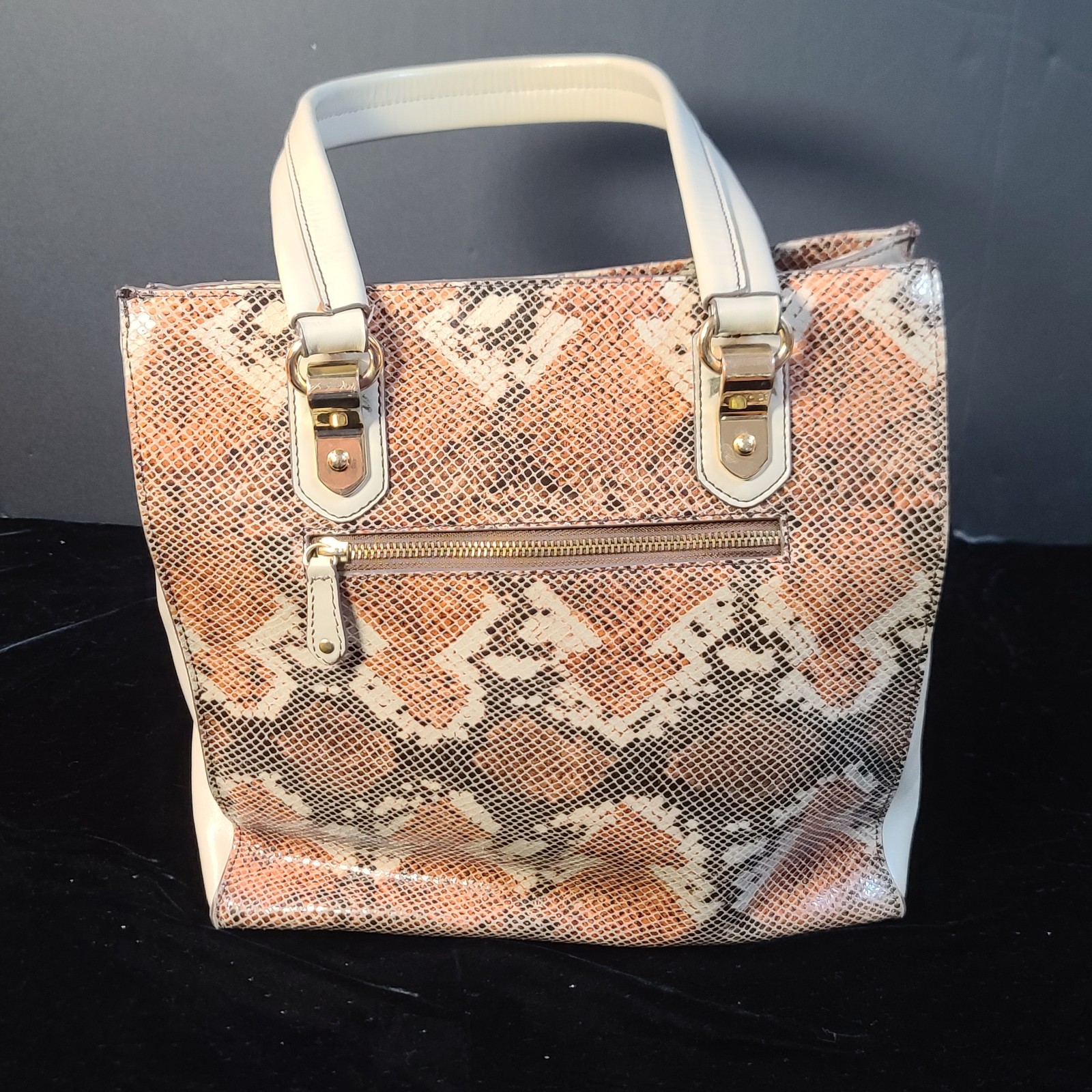Antonio Melani Snakeskin Tote Purse Zip Closure Ivory Handles Charm Gold