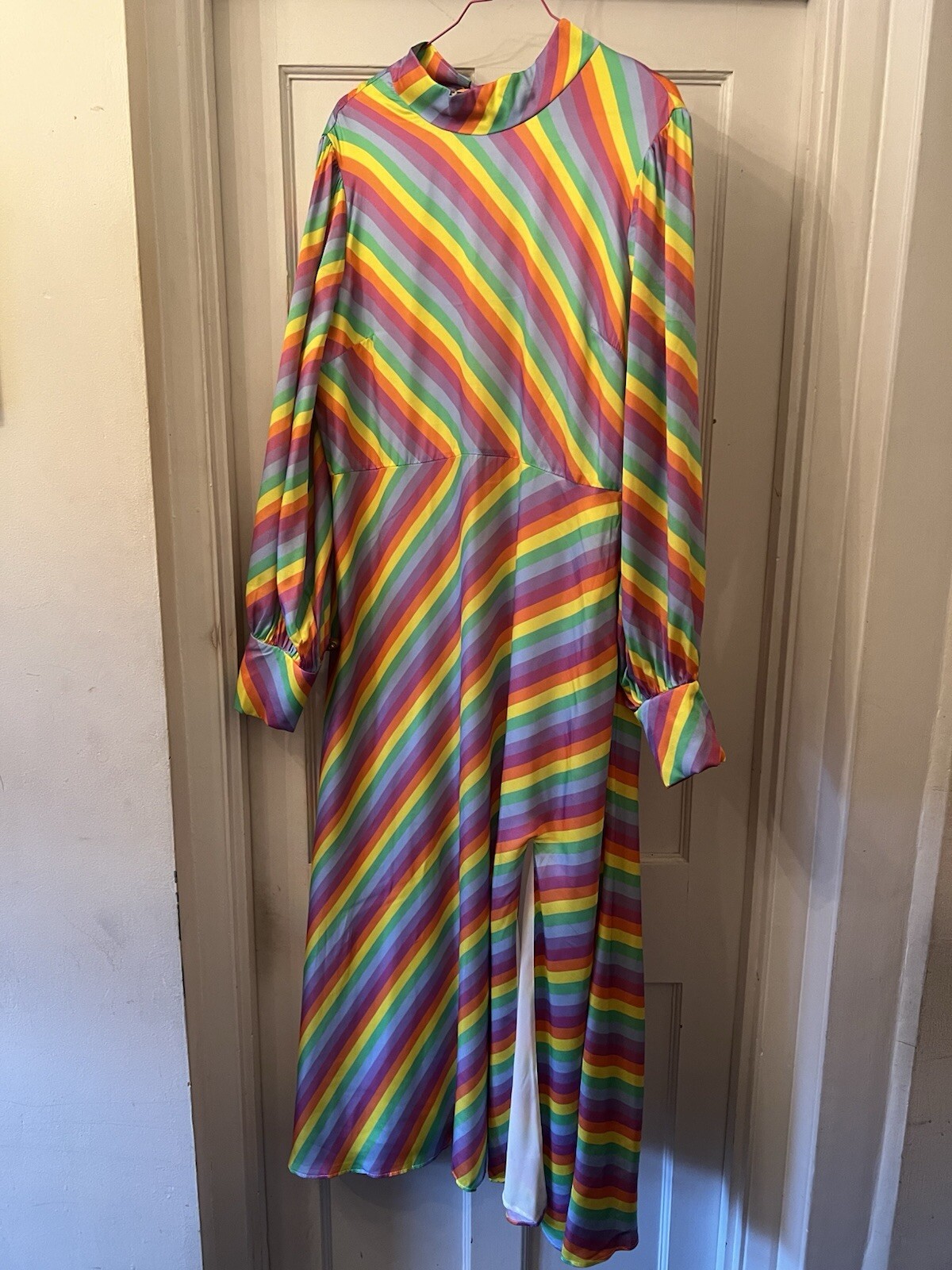 New Olivia Rubin Nessie Prism Stripe Silk Satin Print Midi Dress,UK 14