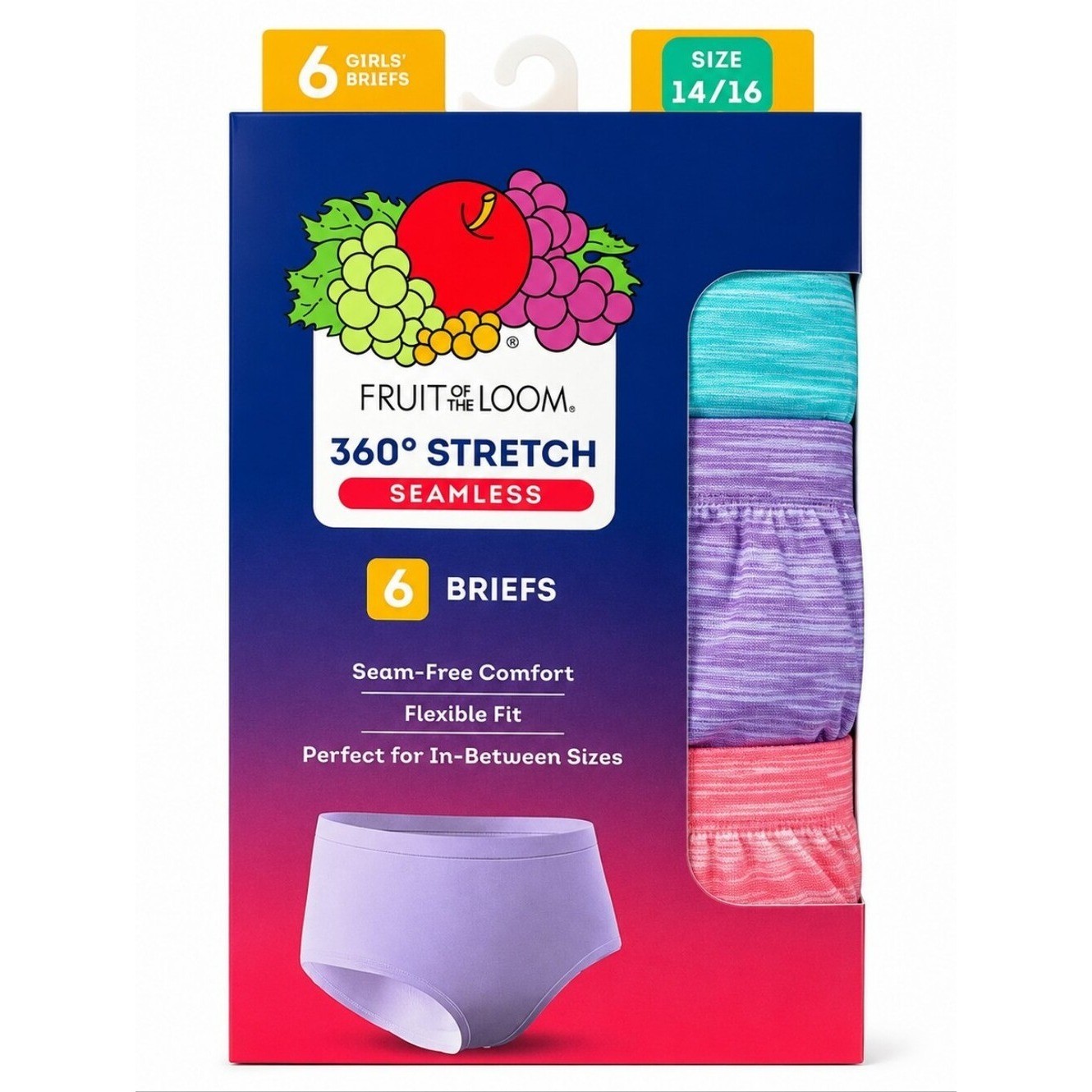 Fruit of the Loom Girls 14/16 360 Stretch Seamless Briefs 6 Pack NWT