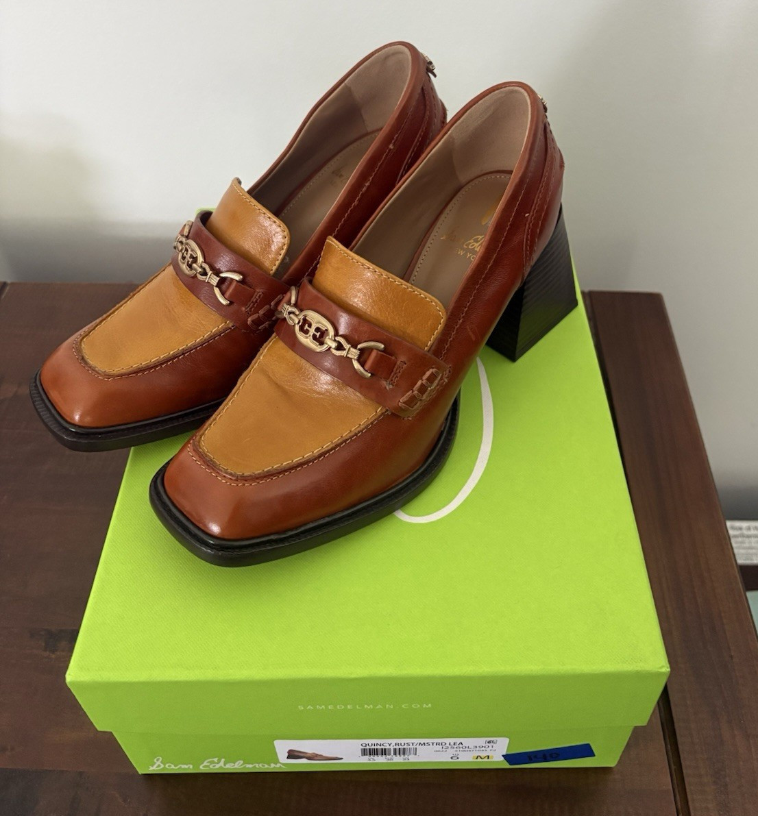 Sam Edelman Women’s Brown/Tan Leather Colorblock Square Toe Chain Pumps 6