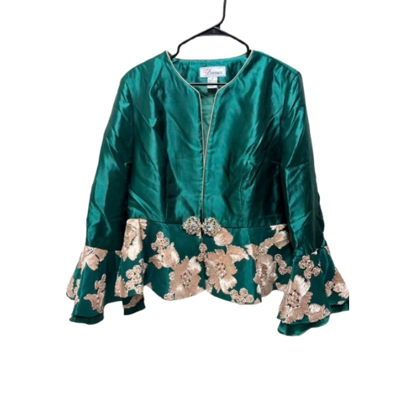 NWT EY Boutique Emerald Green 3-Pc Skirt Suit Set Floral Bell Sleeve Size 14