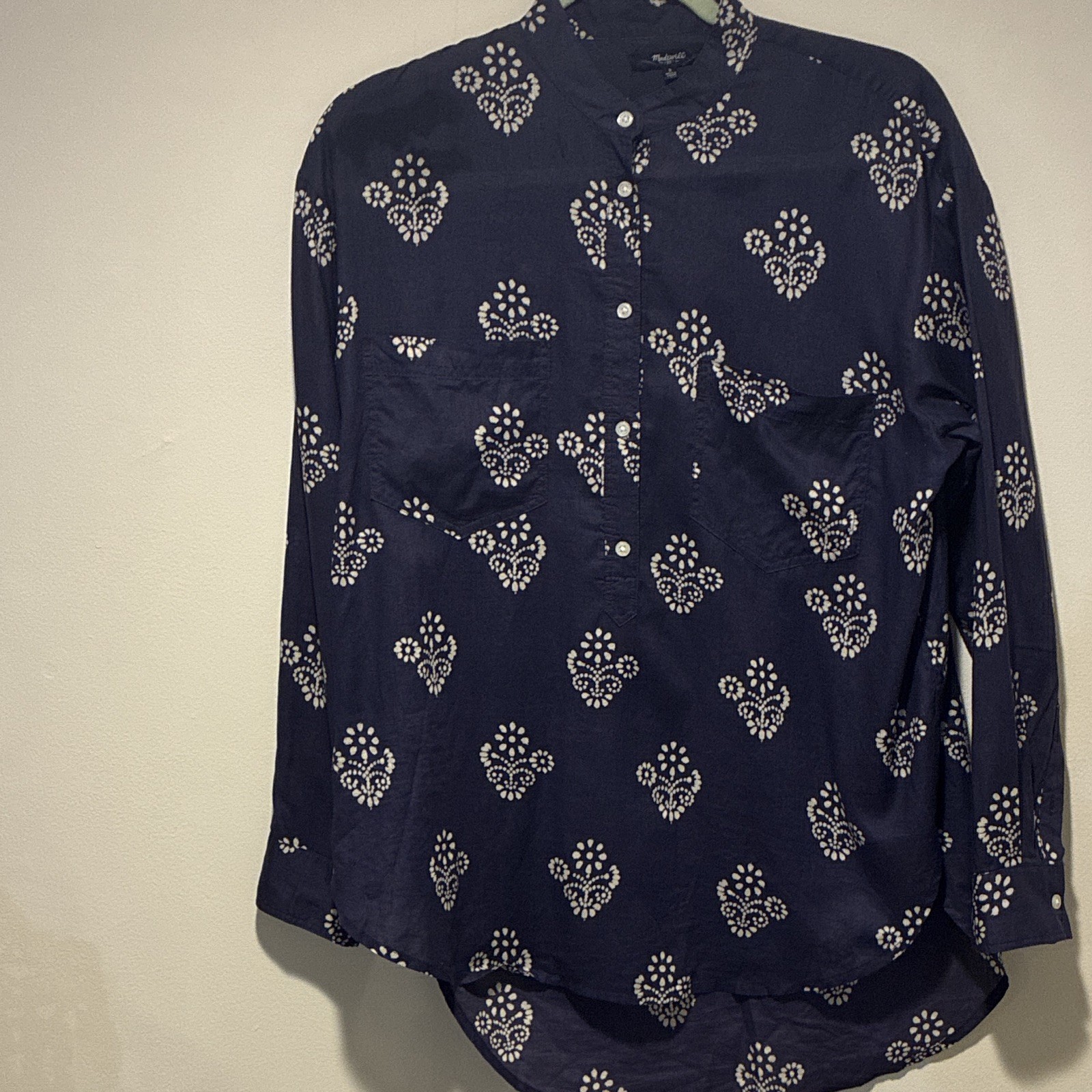 Madewell Blue White Floral Blouse Mock Neck Woven 3/4 Sleeve Button Front S
